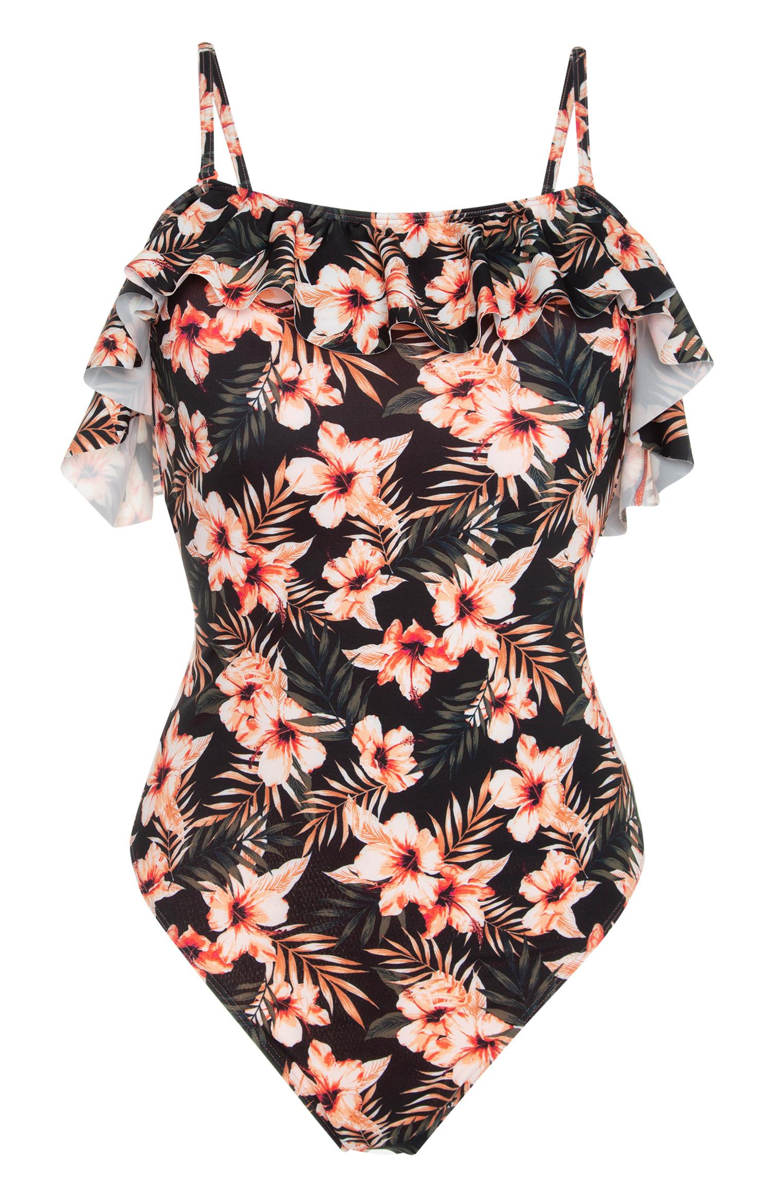 Fato banho bardot folhos estampado floral preto e cor de laranja