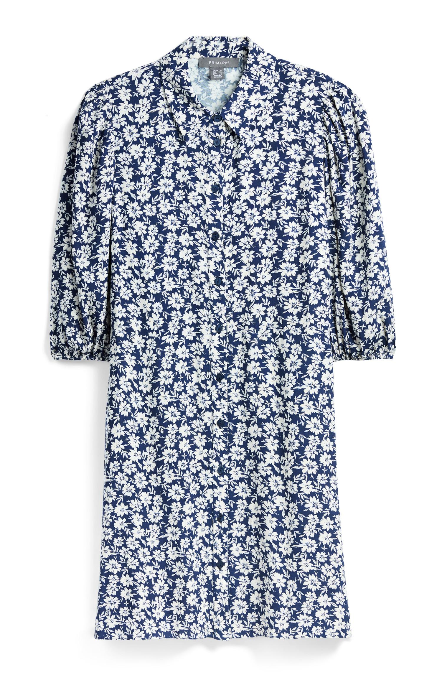 Mini robe chemise bleue à fleurs