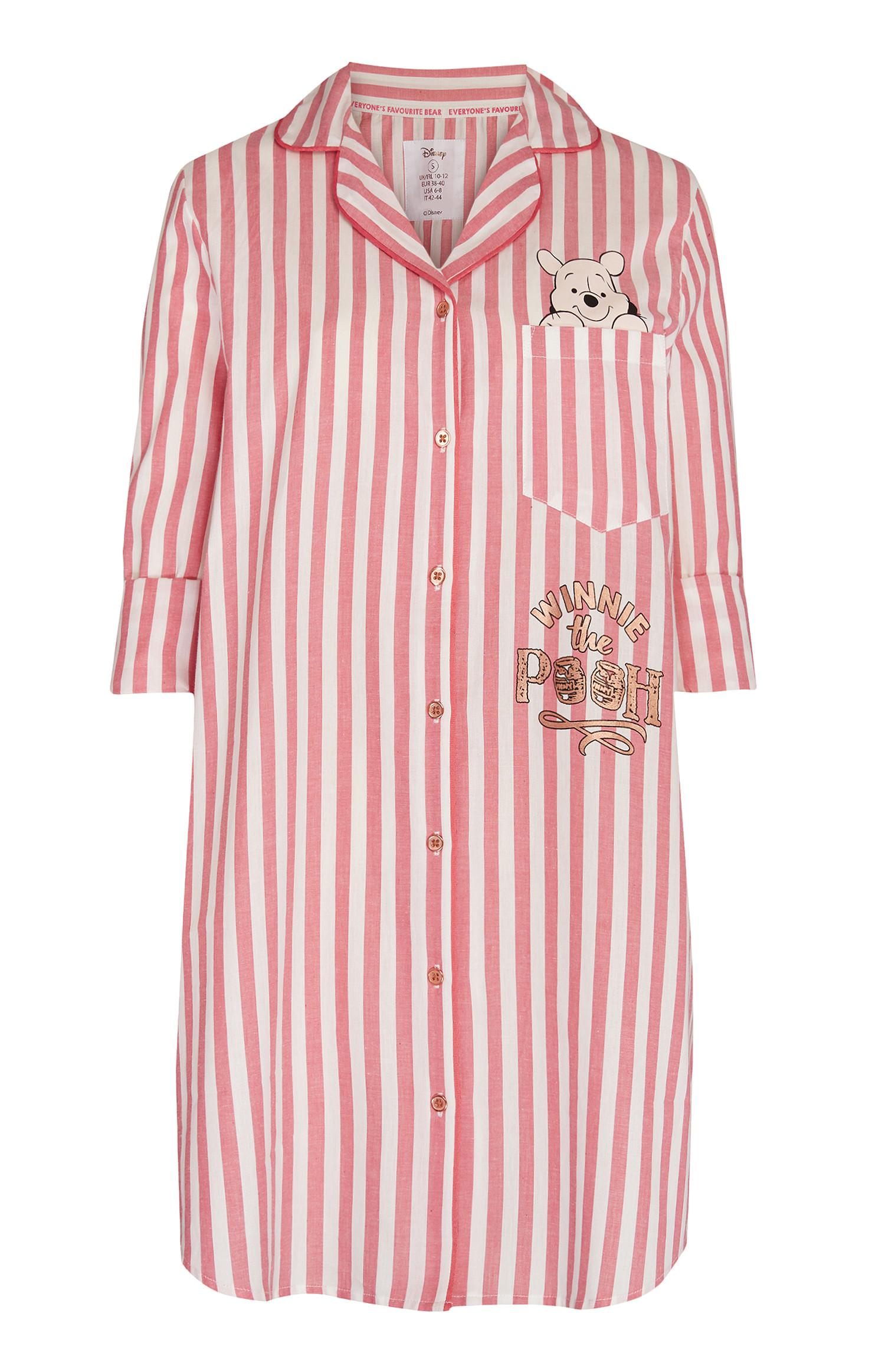 Camisa noite Winnie The Pooh riscas cor-de-rosa e branco