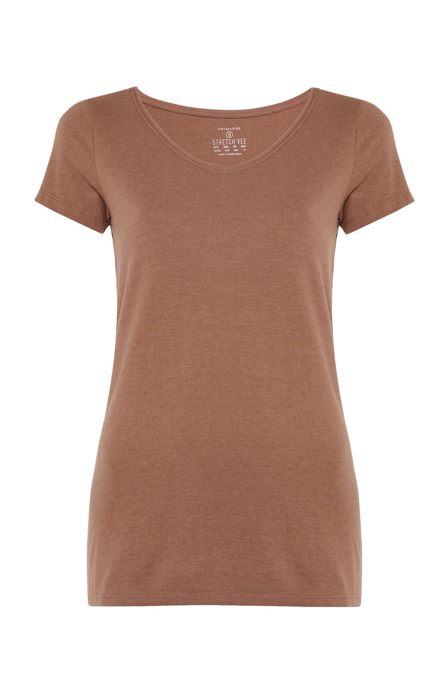 T-shirt decote V elastano castanho