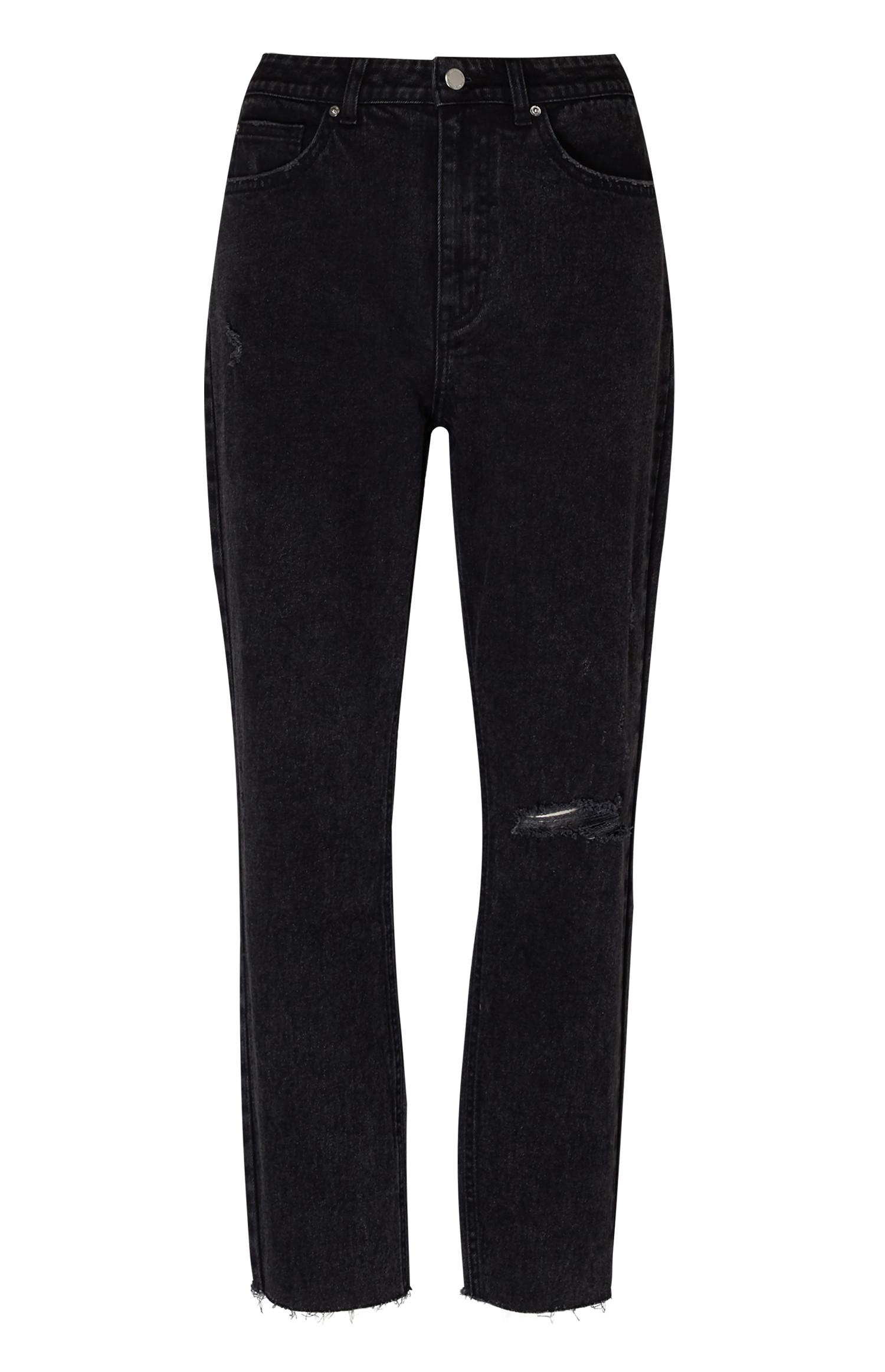 Calças ganga corte direito rasgões preto