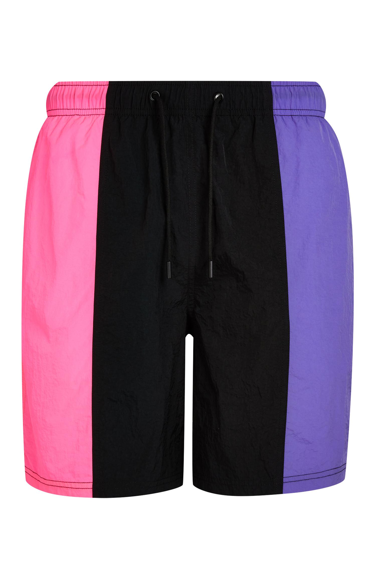 Calções banho riscas verticais preto, cor-de-rosa e roxo