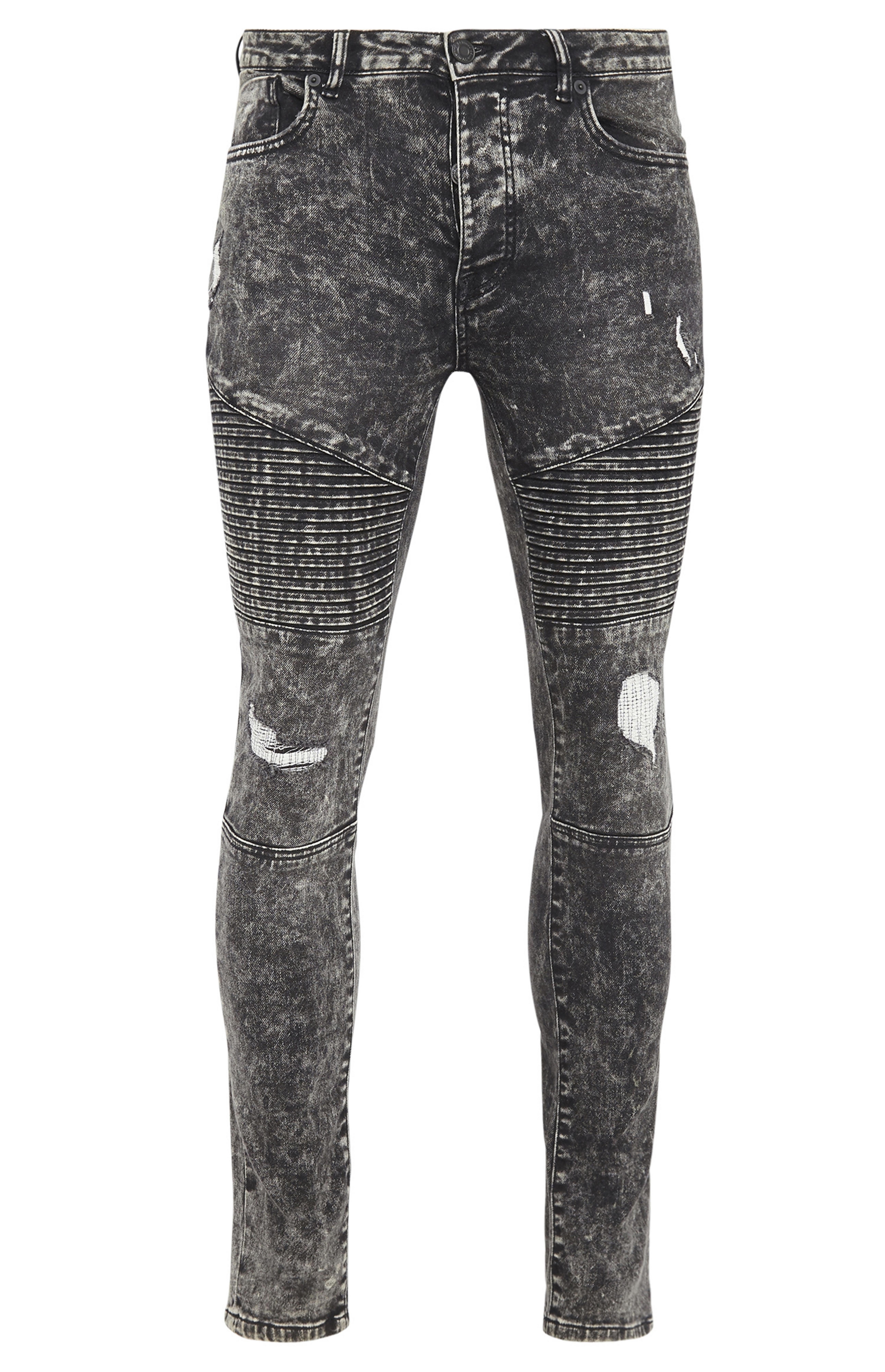 Calças ganga malha corte justo estilo motard lavagem ácida cinzento