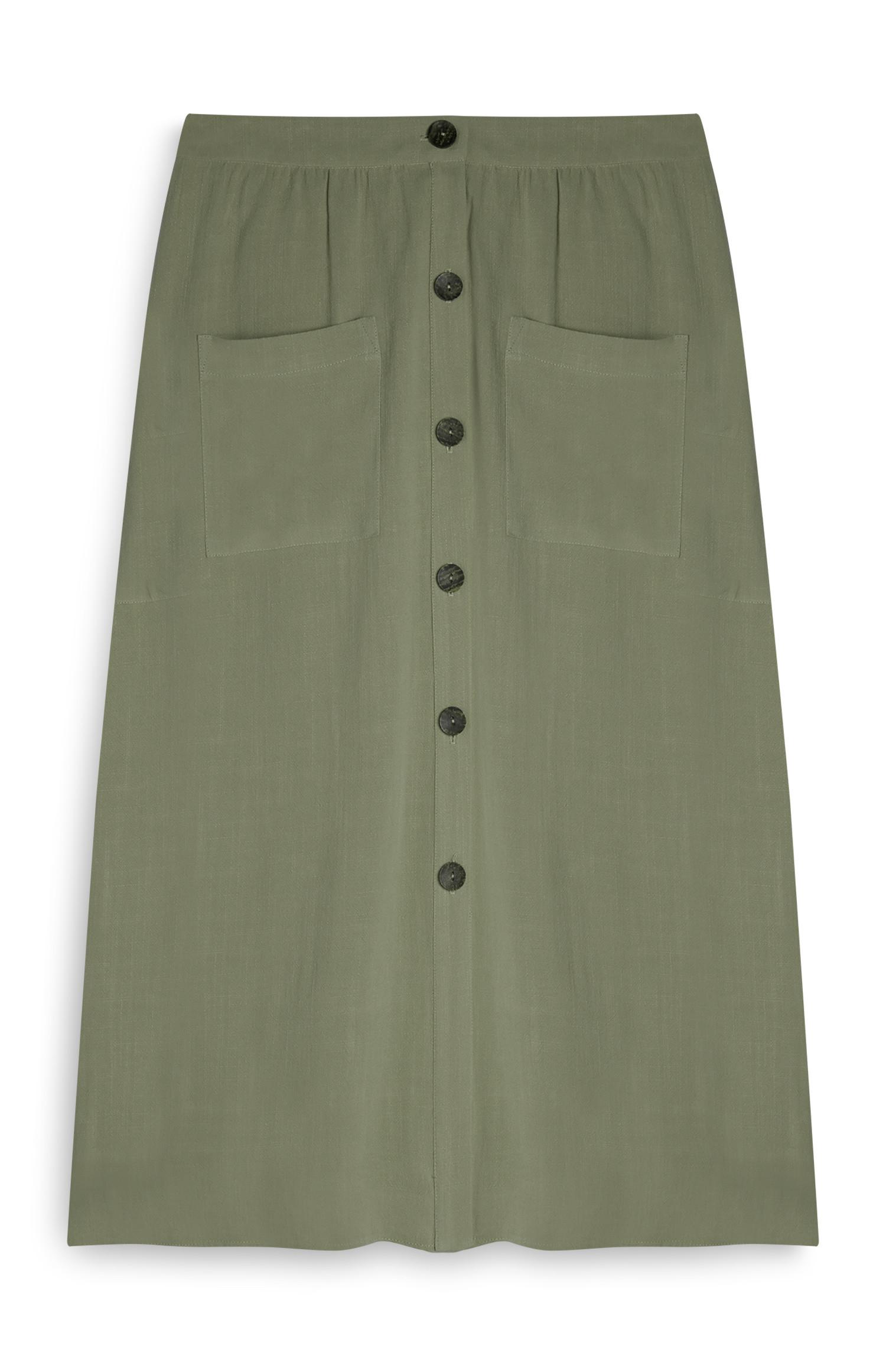 Saia midi bolso frente botões verde-azeitona