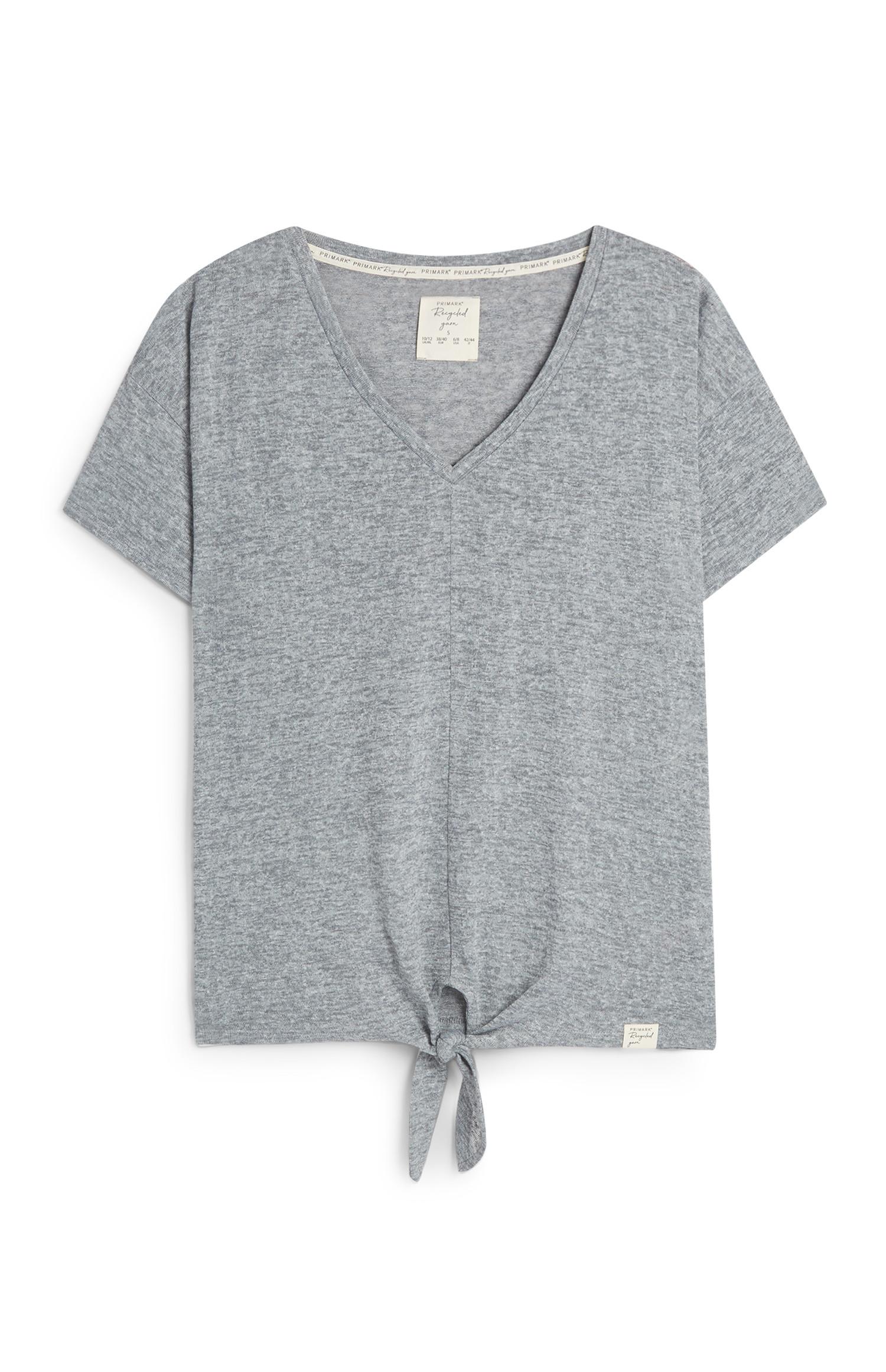 T-shirt gris en fil recyclé à col en V noué sur le devant
