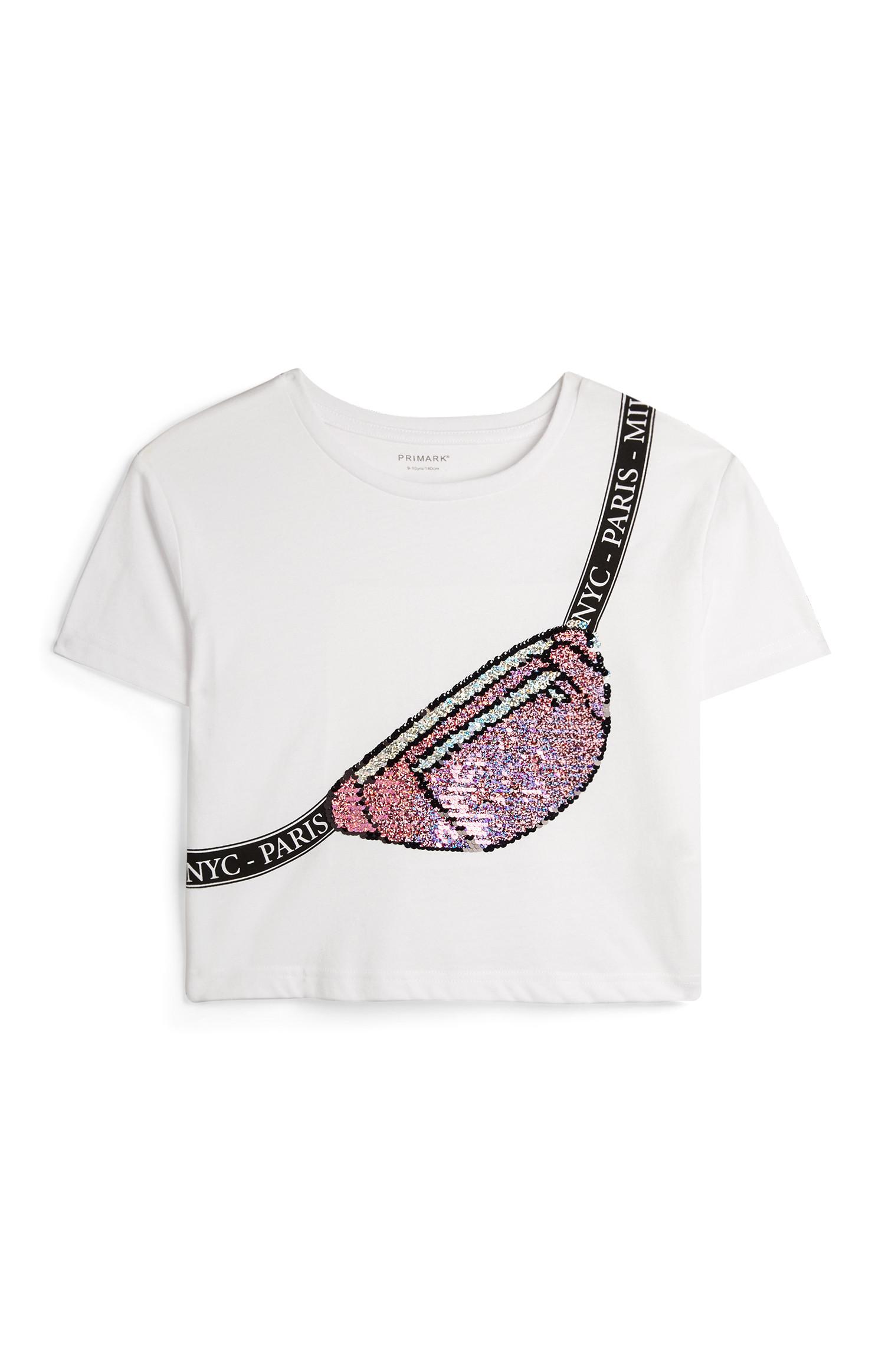 T-shirt bianca con paillettes a forma di marsupio da ragazza