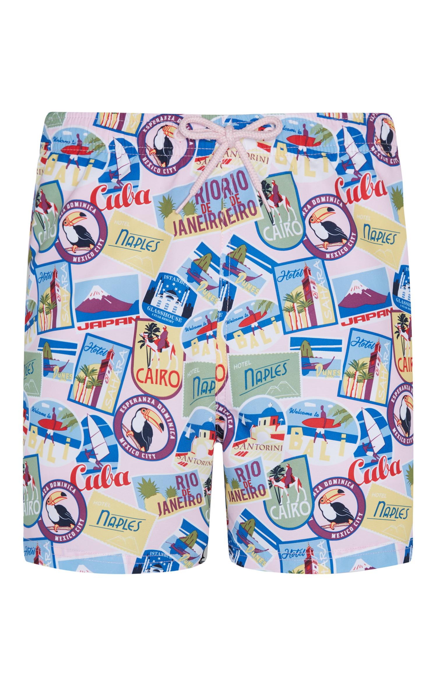 Calções banho estampado etiquetas viagem