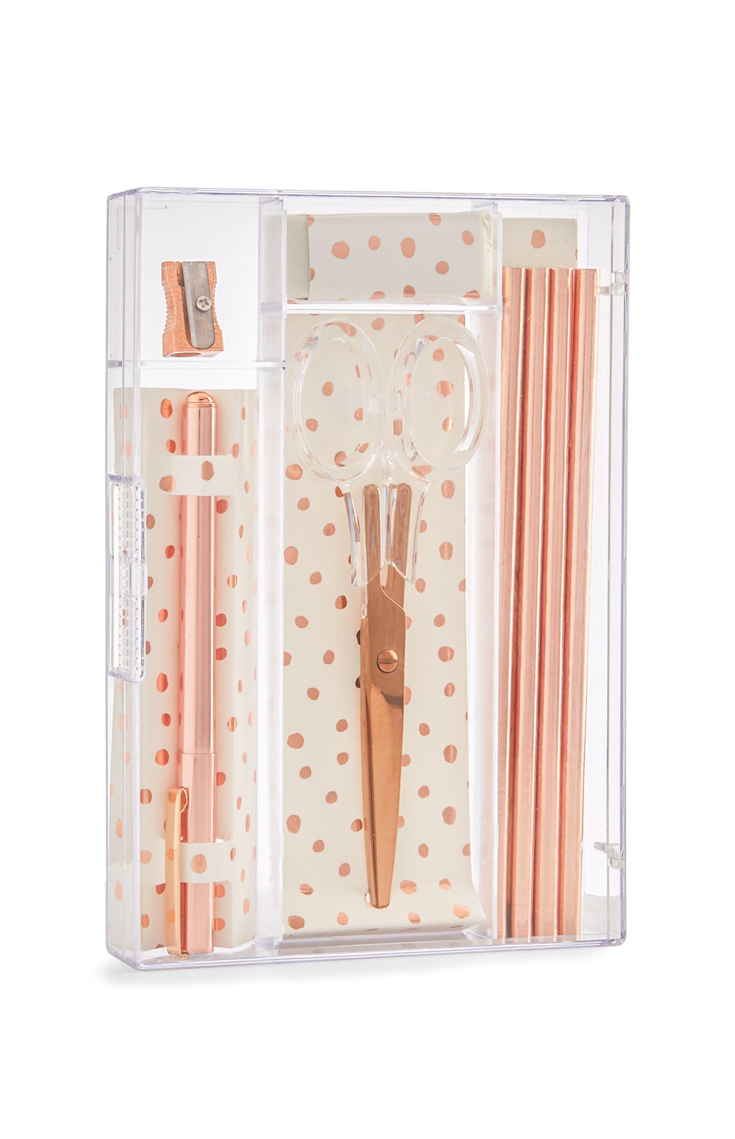 Rožnat in rožnato zlati komplet pisarniškega pribora, 5 kosov