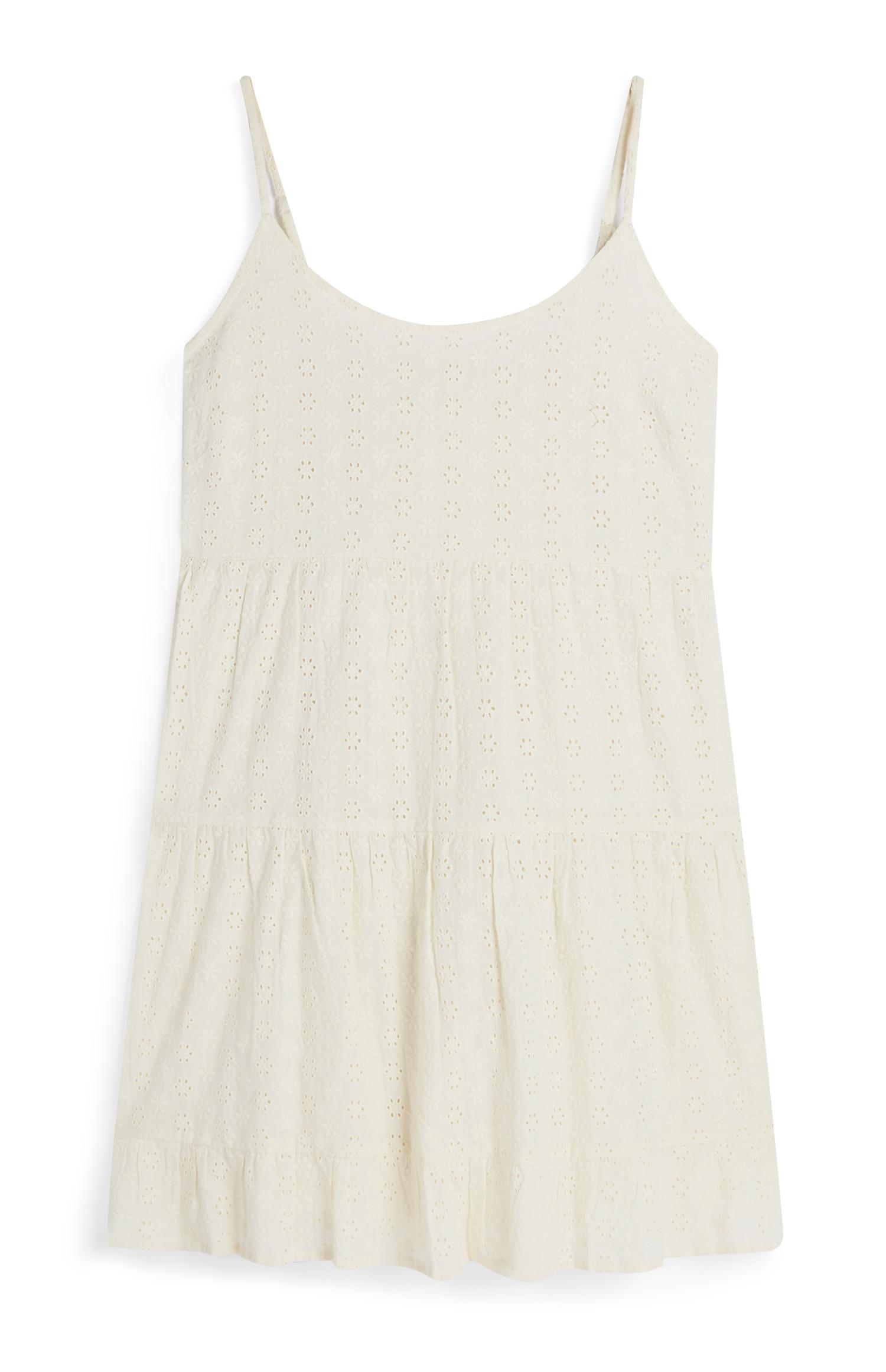 Vestido mini bordado camadas alças finas cru