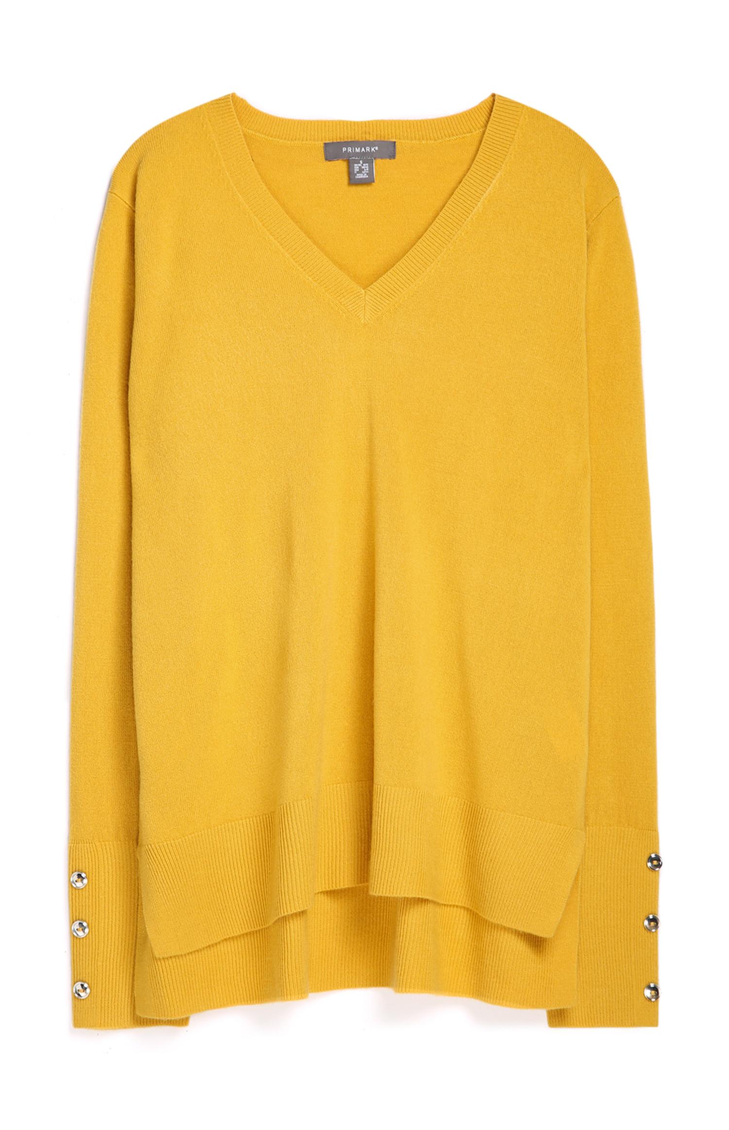 Camisola decote V manga punho botões amarelo