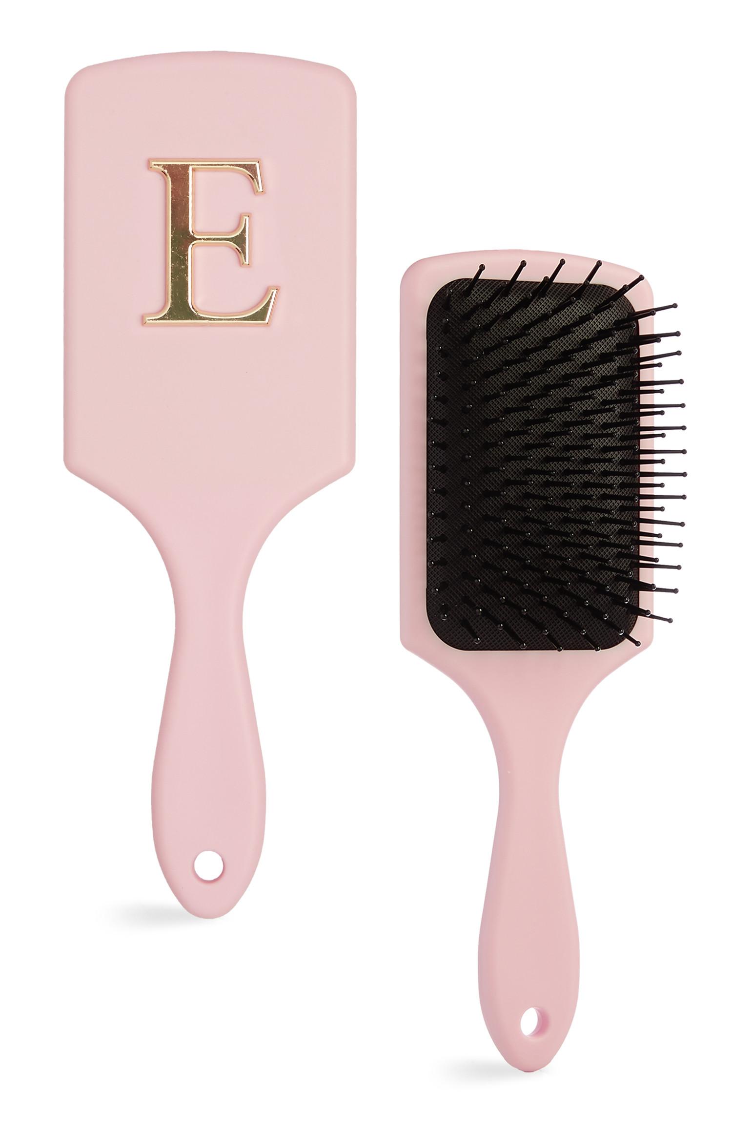 Brede roze haarborstel met letter E