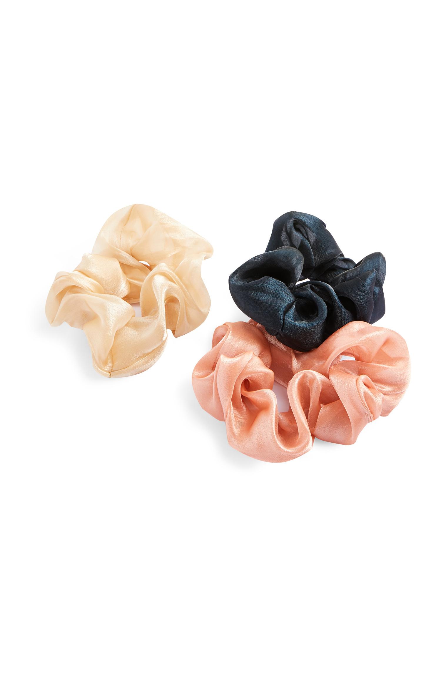 Lot de 3 chouchous en satin rose, perle et bleu