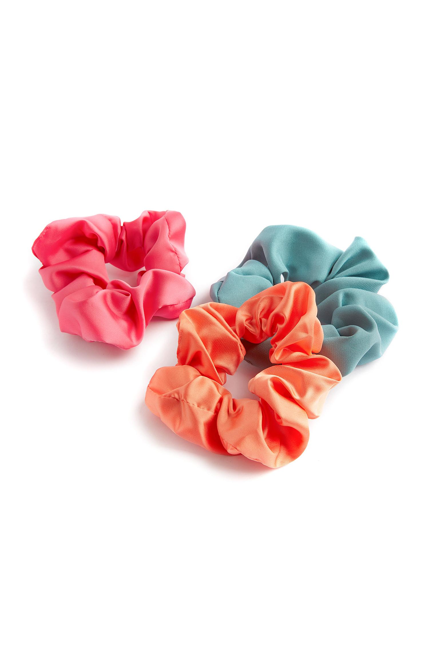 Lot de 3 chouchous en satin rose, orange et bleu