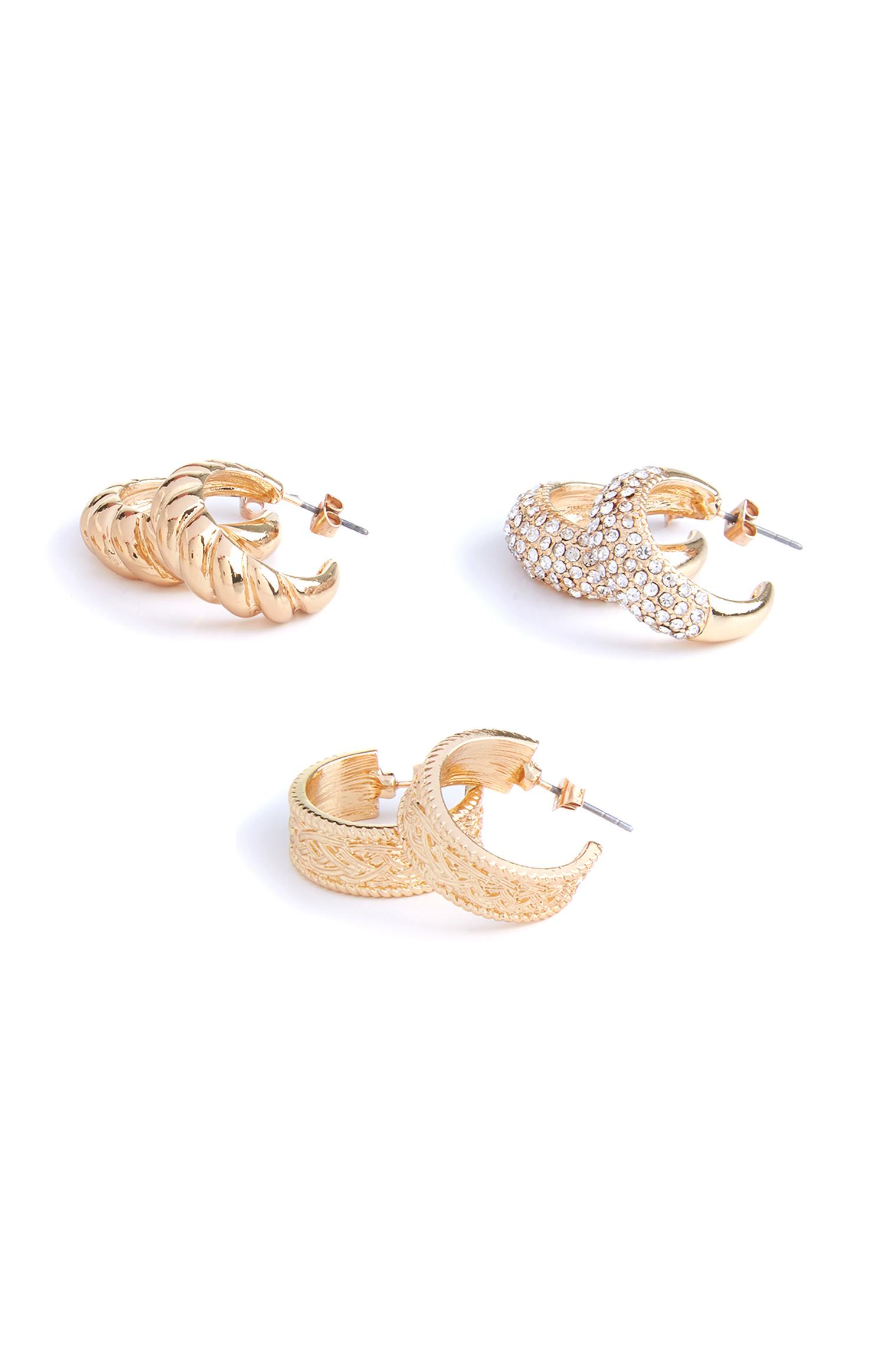 Pack 3 pares argolas grossas detalhe dourado