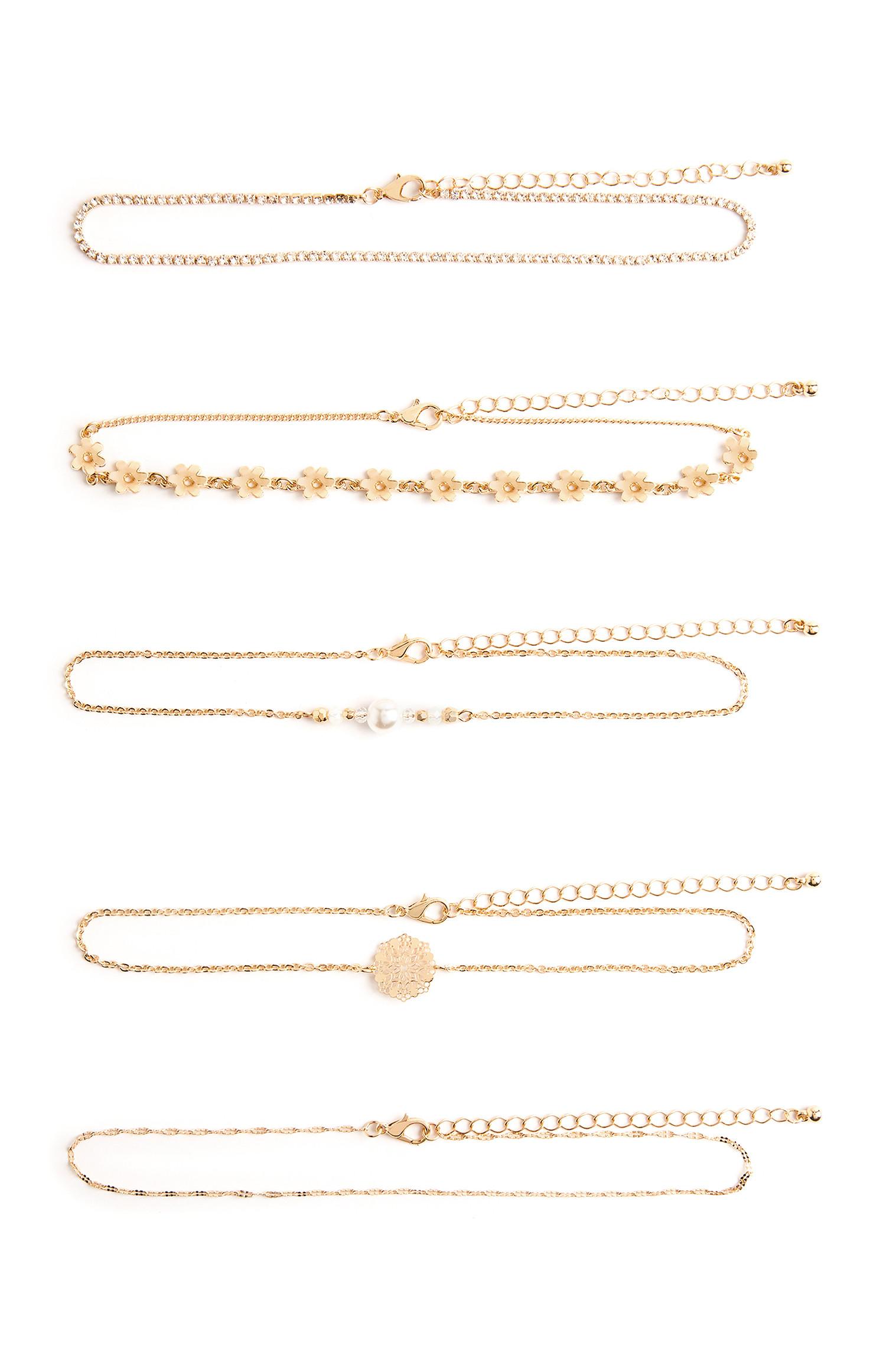 Pack 5 gargantilhas flores delicadas dourado