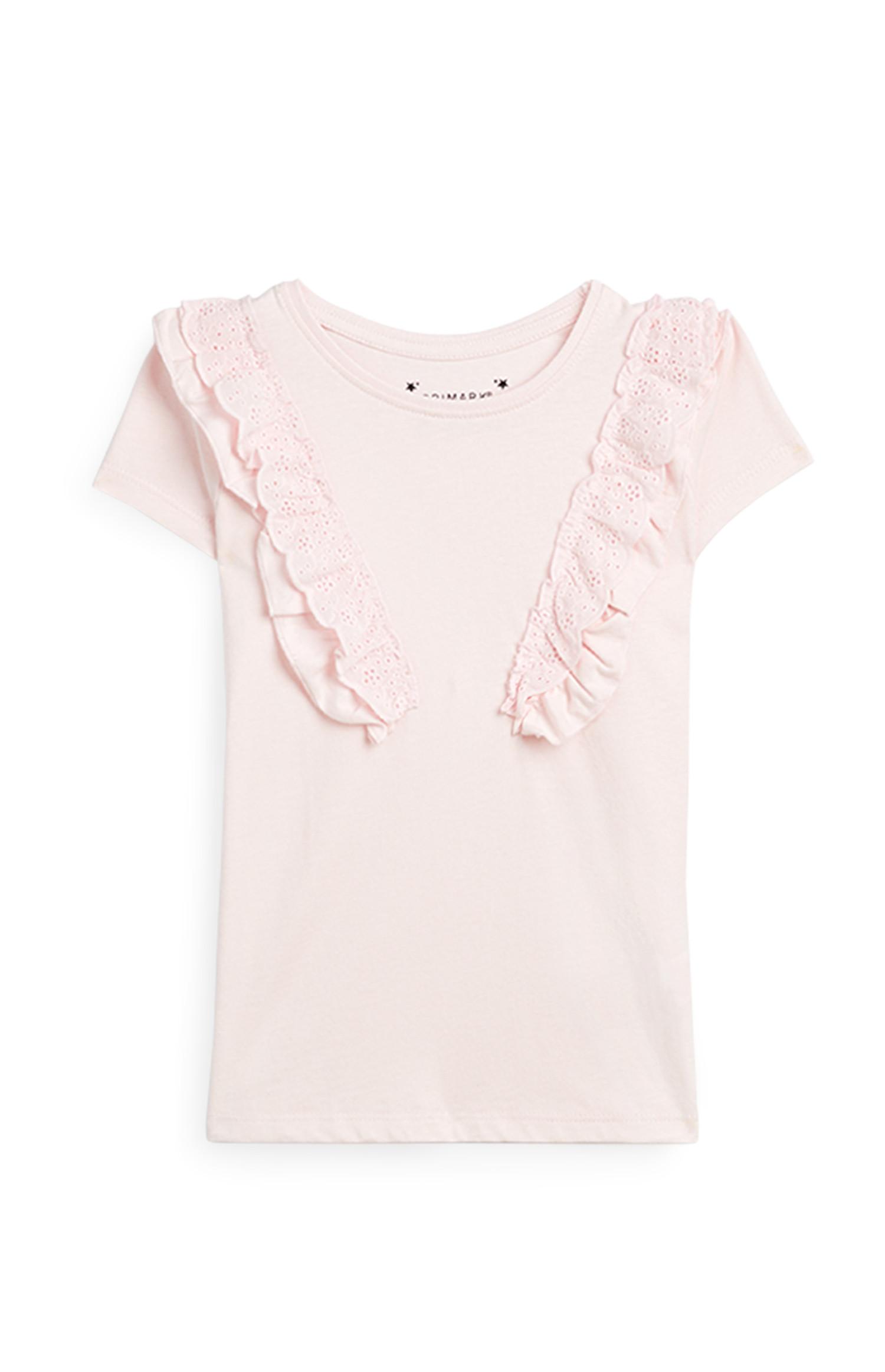 T-shirt manga curta folhos menina cor-de-rosa