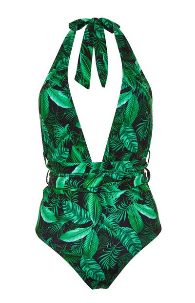 Green Leaf Print Plunge Swimsuit