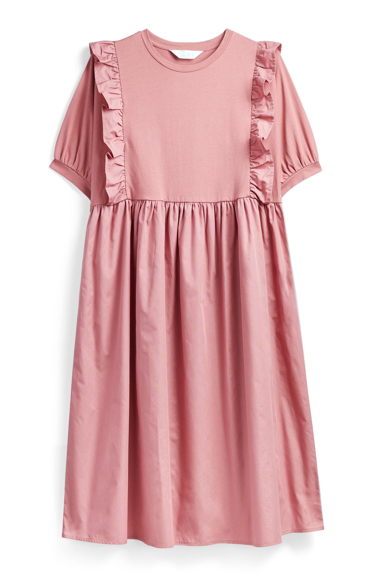 Robe mi-longue en popeline rose à volants