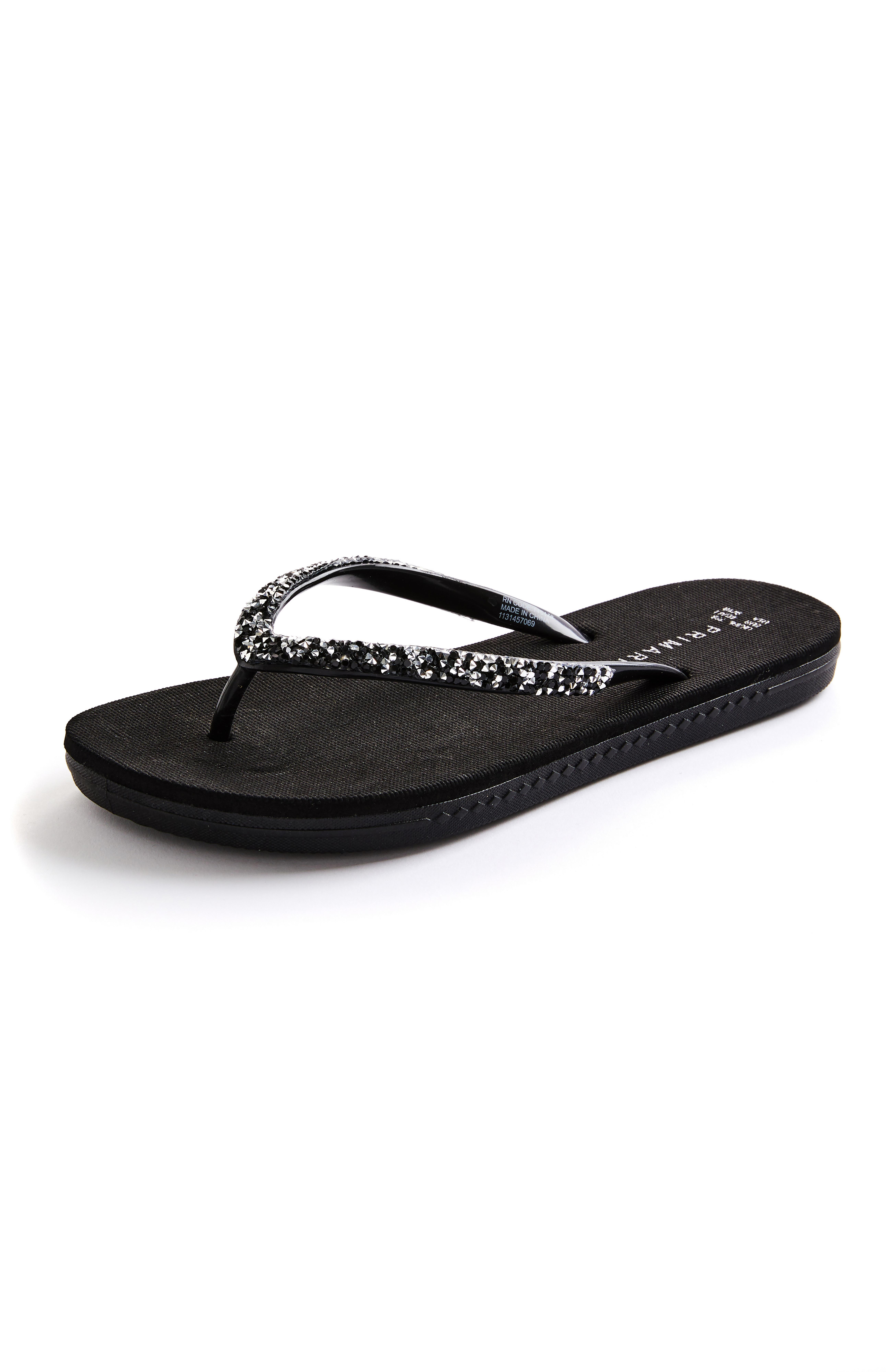 Black Diamante Thong Flip Flops Women's Beach Shoes Sandals