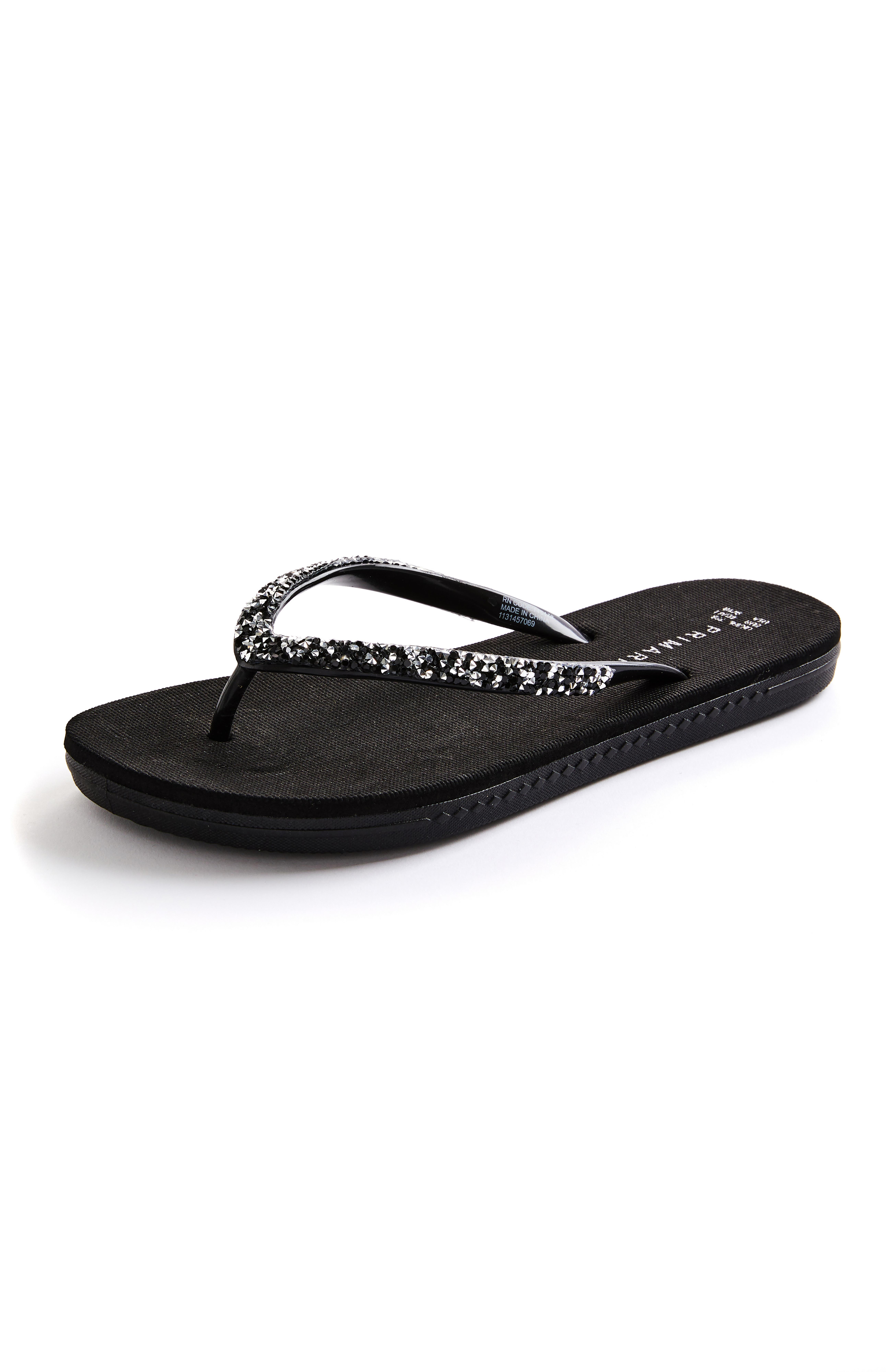 Black Diamante Thong Flip Flops | Women's Beach Shoes: Sandals ...