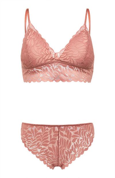 Blush Pink Leaf Lace Bralette And Briefs Set