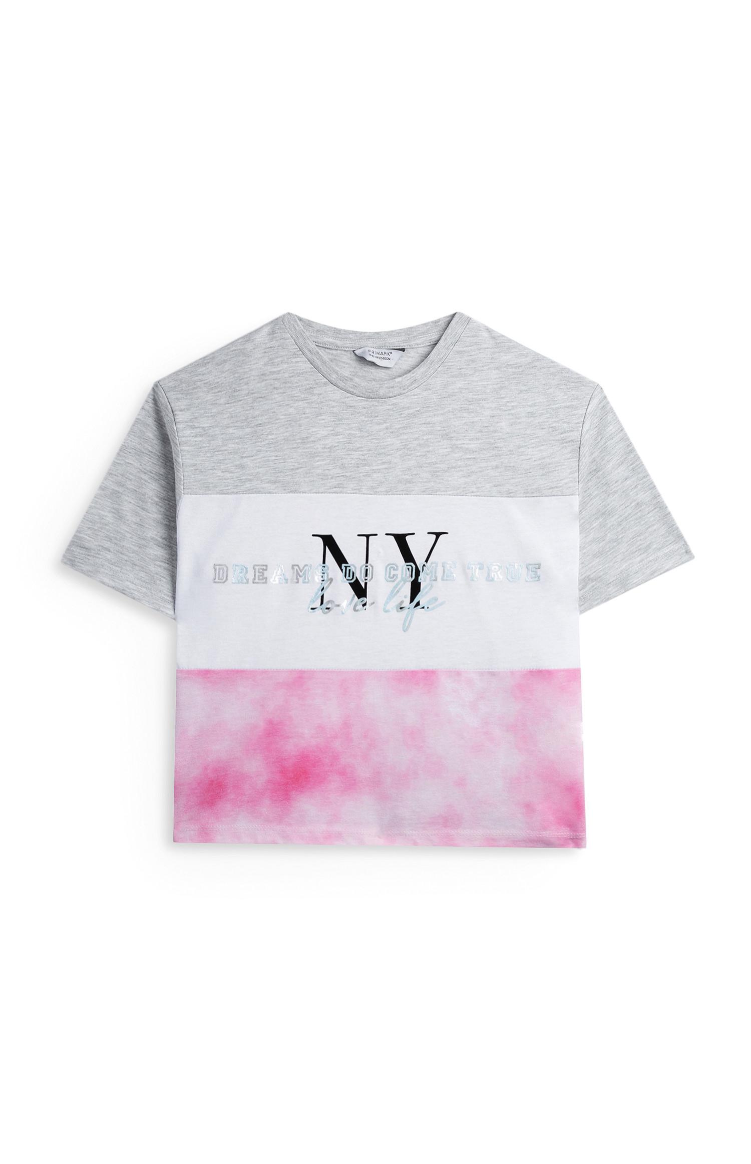 T-shirt rosa e grigia effetto tie dye NY da ragazza