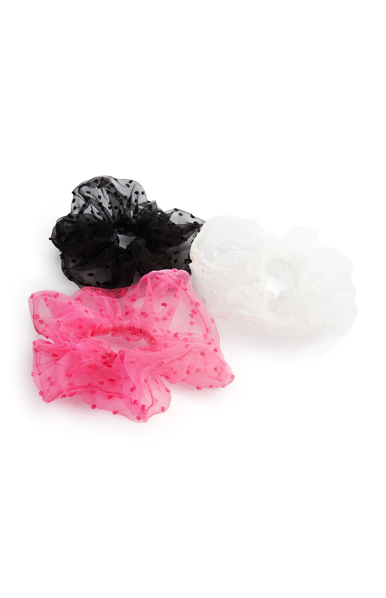 Pack 3 elásticos cabelo organza preto, branco e cor-de-rosa