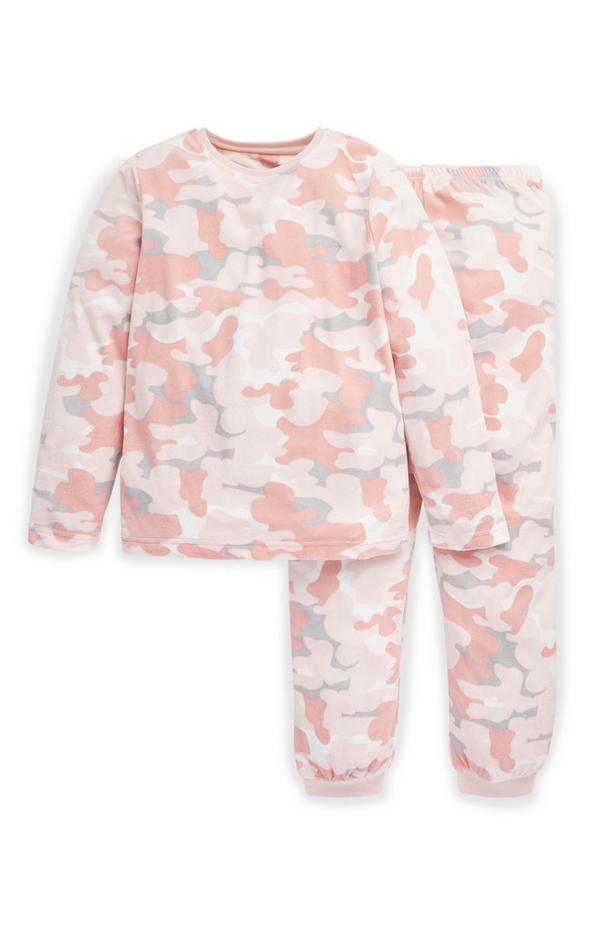 Rožnato-bela pižama iz velurja minky s kamuflažnim potiskom za starejša dekleta