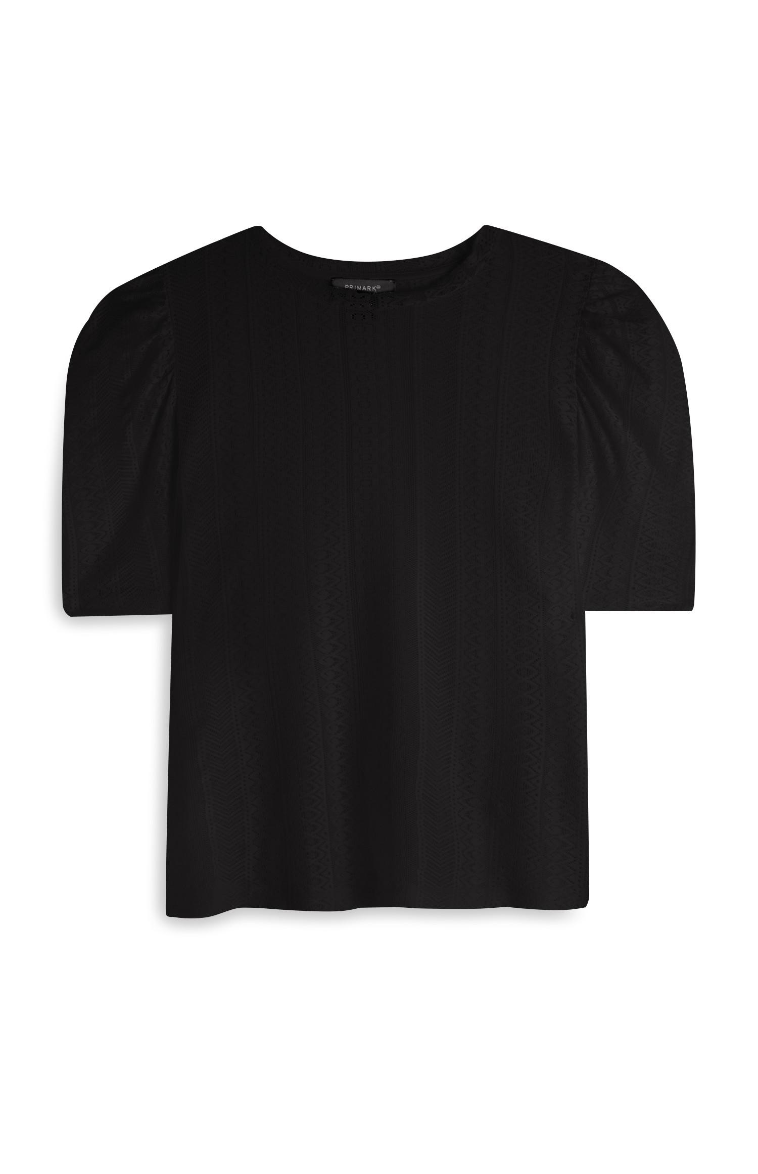 T-shirt manga balão renda preto