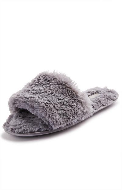 Grey Faux Fur Mule Slippers