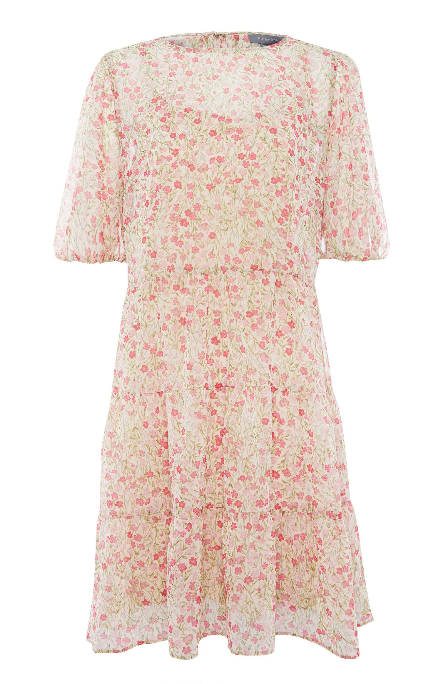 Vestido padrão floral camadas bege/cor-de-rosa