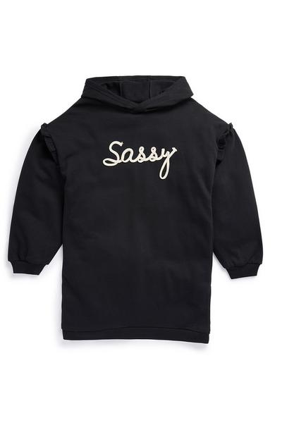 Črna obleka v videzu puloverja z napisom Sassy za starejša dekleta