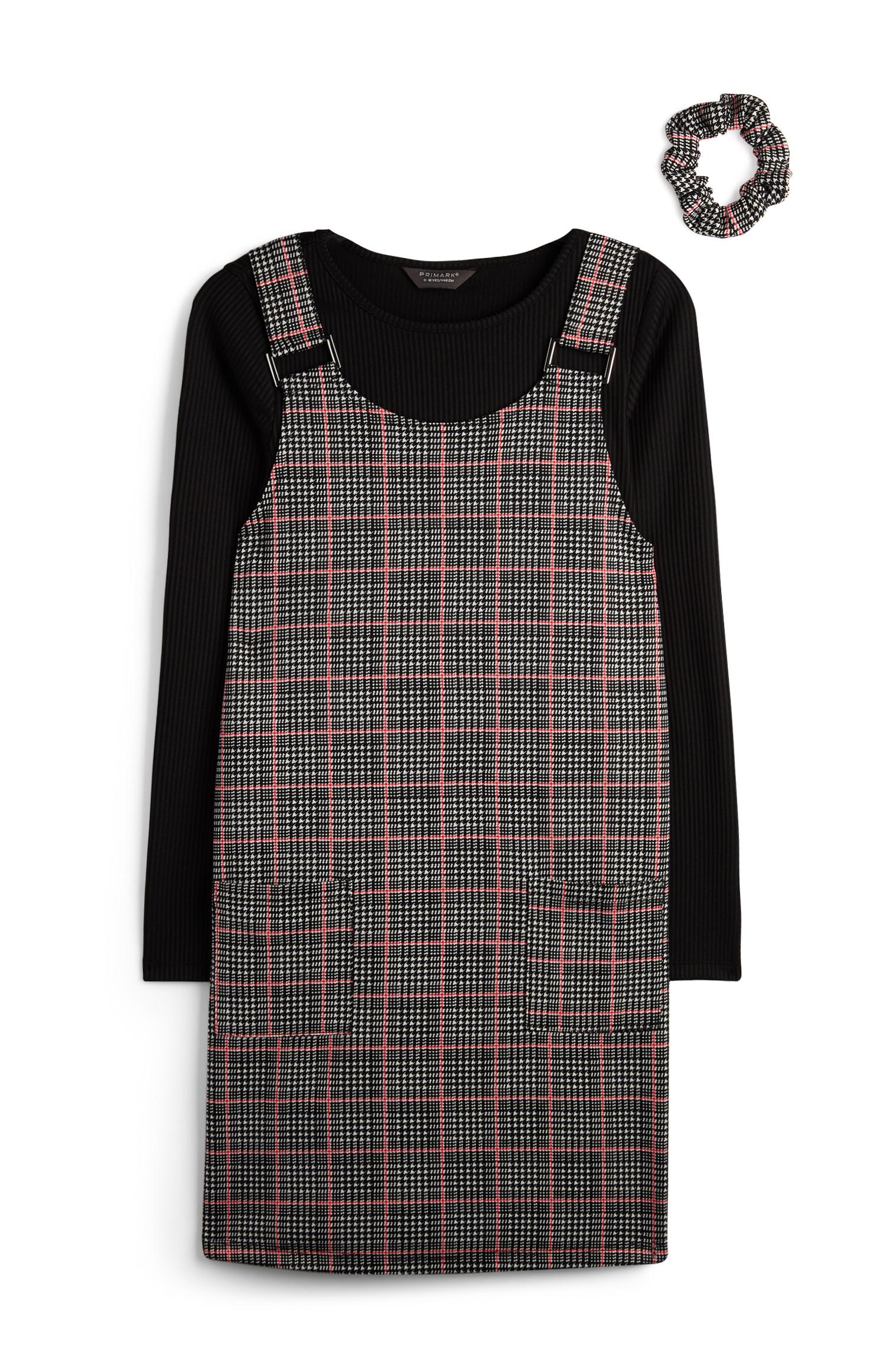 Vestido xadrez e t-shirt manga comprida 2 em 1 rapariga cinzento