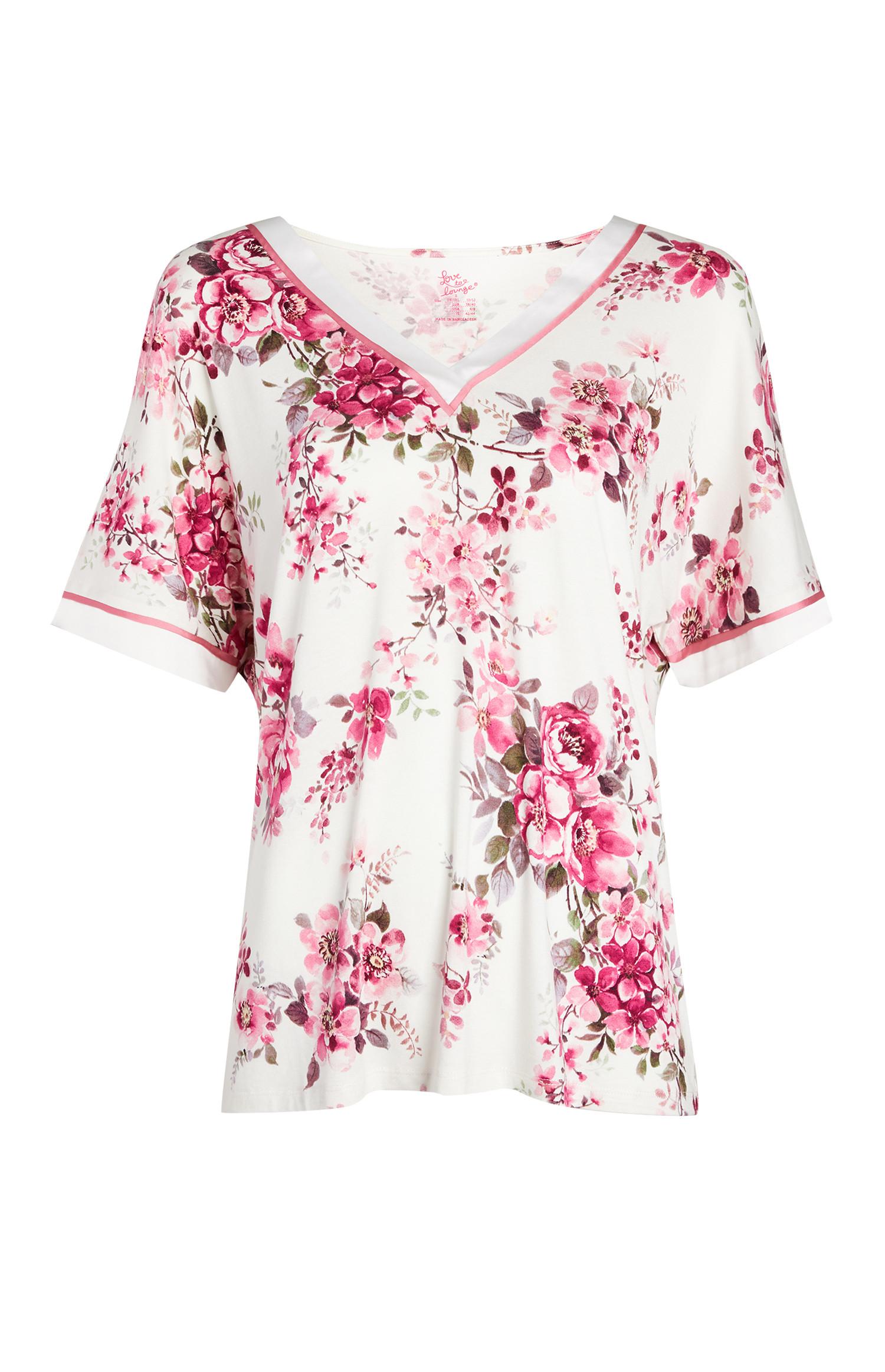 Camisola pijama estampado rosas marfim e cor-de-rosa