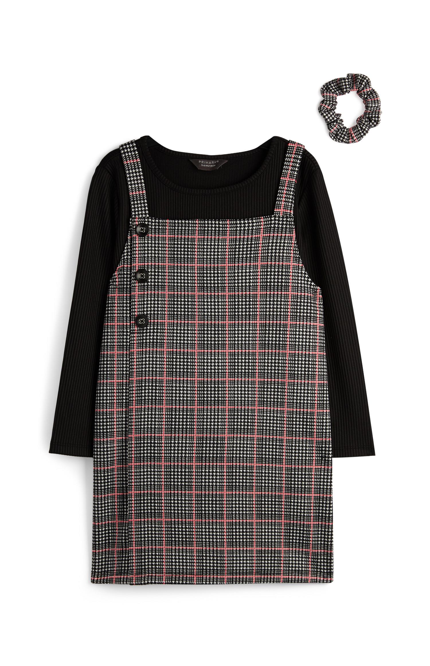 Abito grigio a quadri e T-shirt a maniche lunghe 2 in 1 da bambina