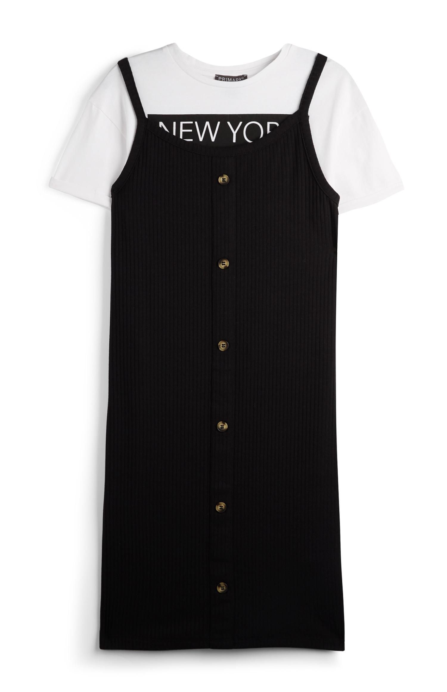 Abito nero con bottoni e T-shirt 2 in 1 da ragazza