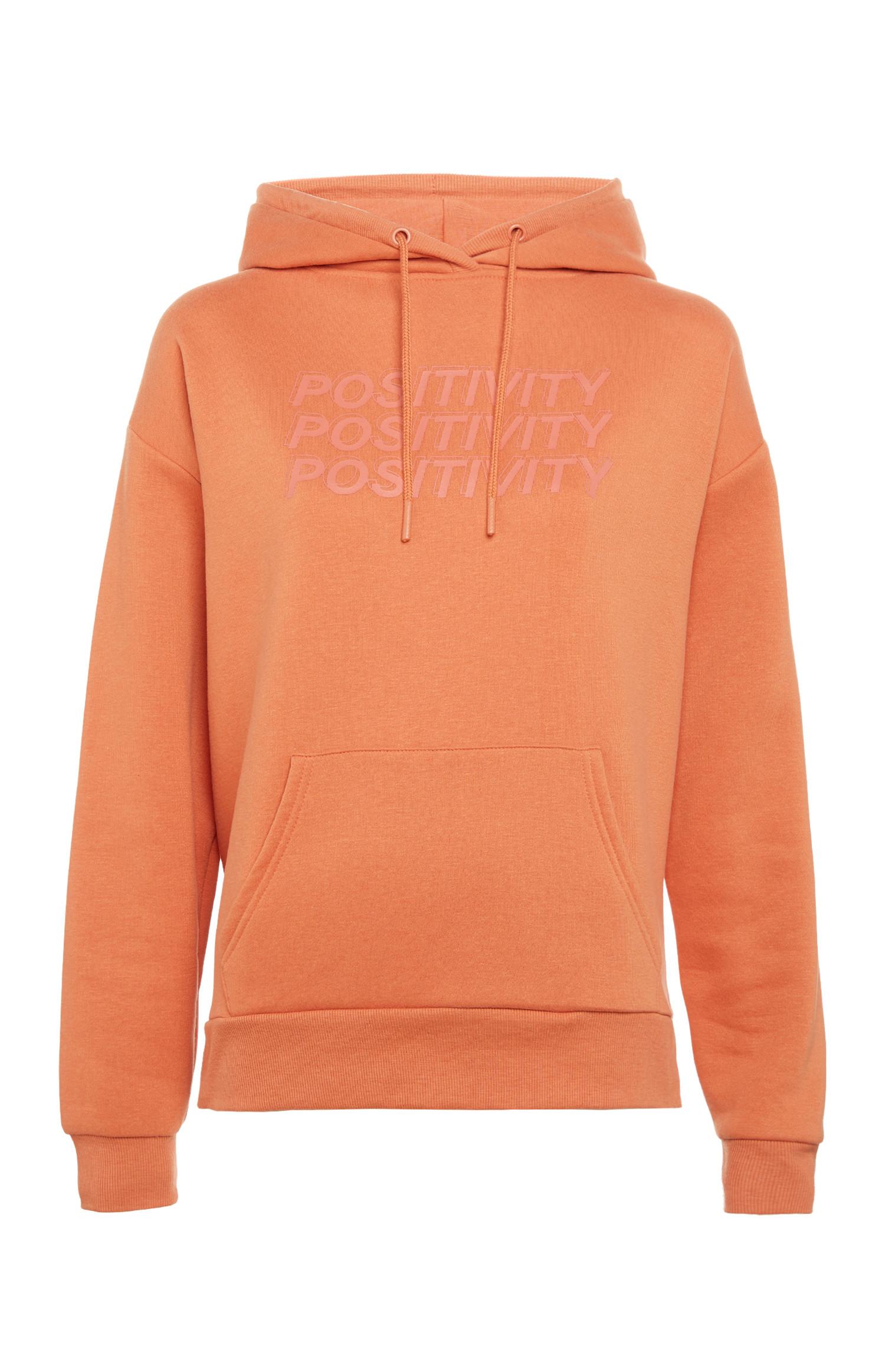 Camisola capuz bolsos frente slogan Positivity laranja