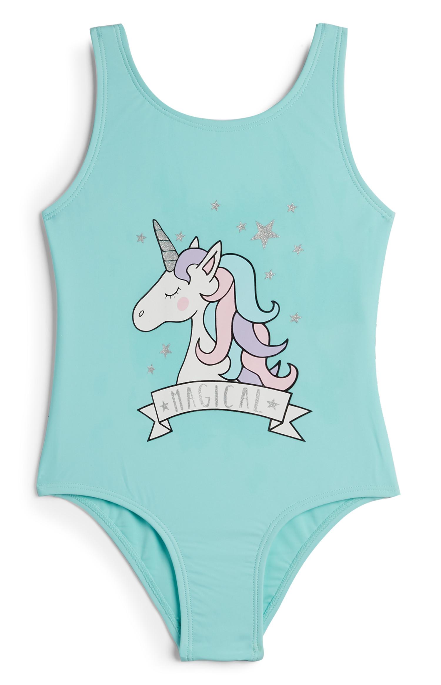 Costume da bagno blu con stampa unicorno da bambina