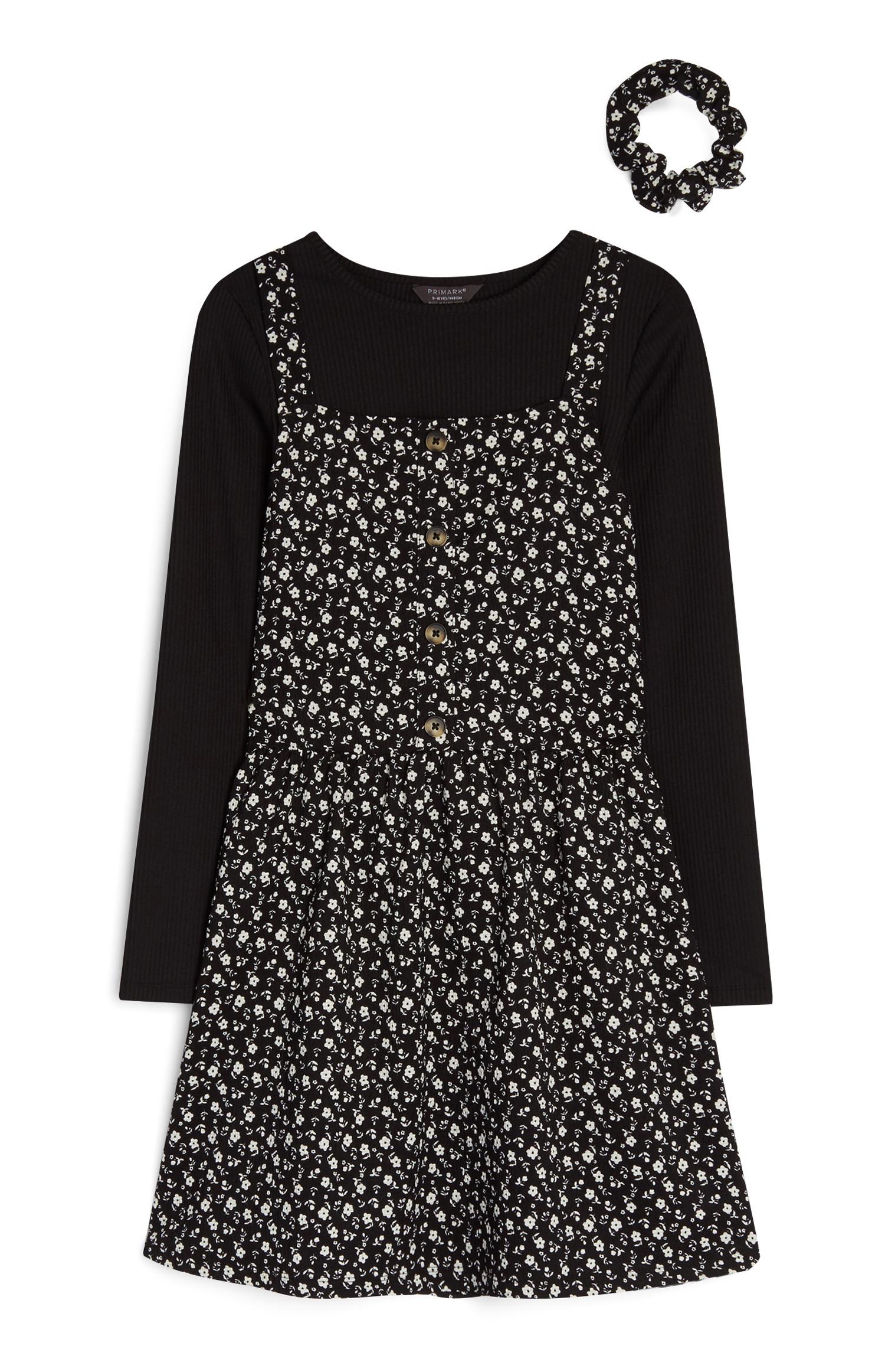 Abito nero con elastico per capelli floreale 3 in 1 da ragazza