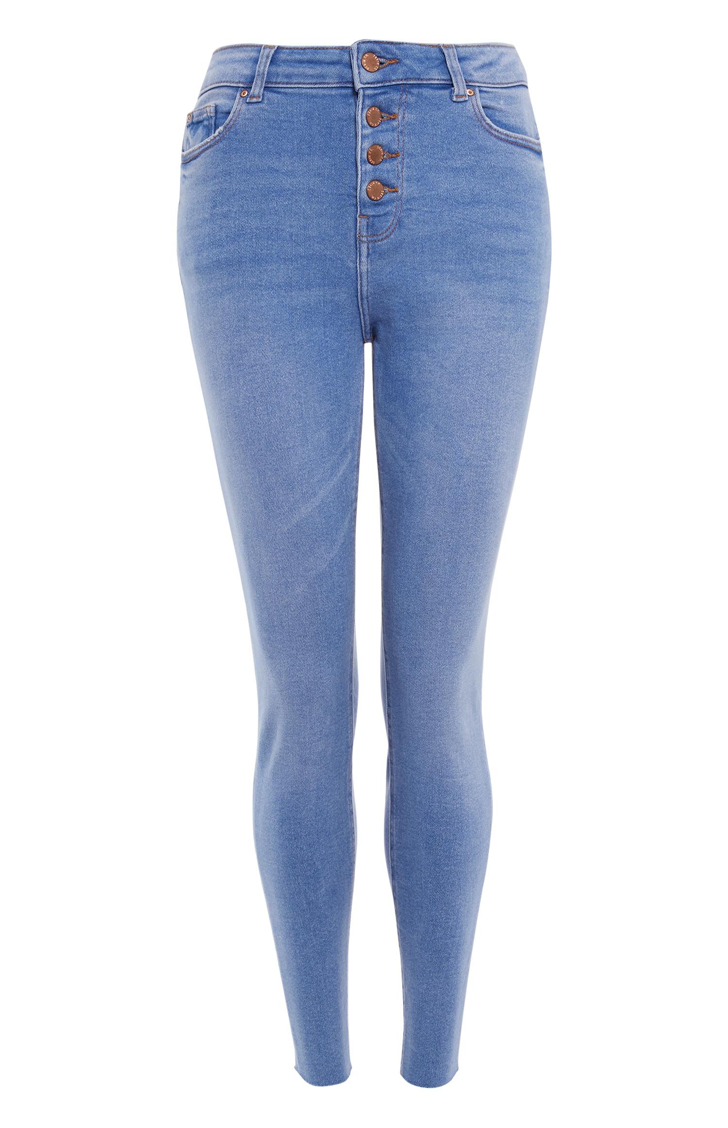 Calças ganga botões bainha desfiada azul