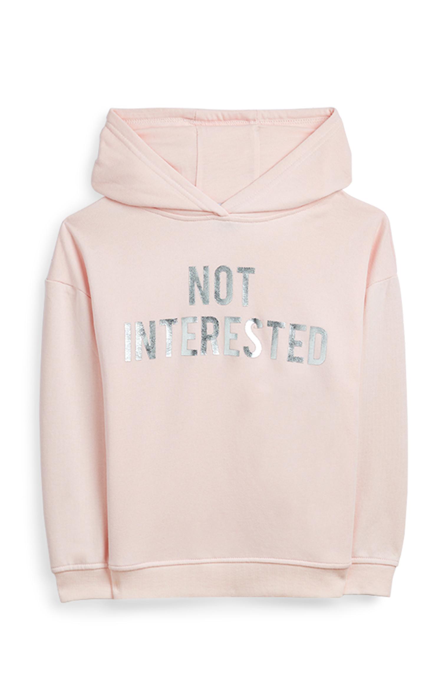 Camisola capuz slogan Not Interested rapariga cor-de-rosa