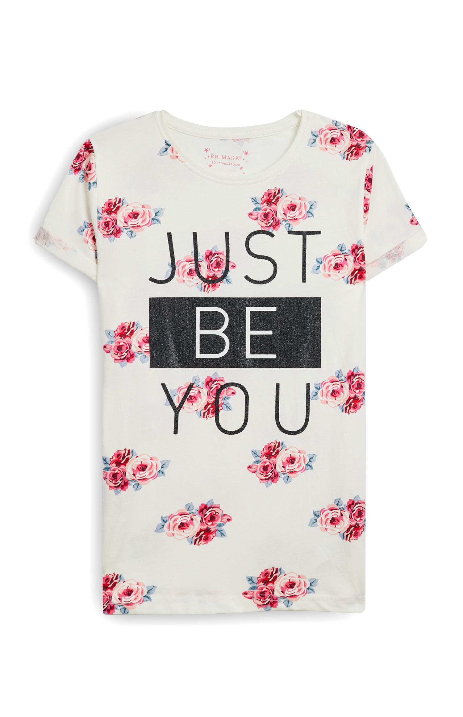 T-shirt manga curta slogan Just Be You padrão floral rapariga branco