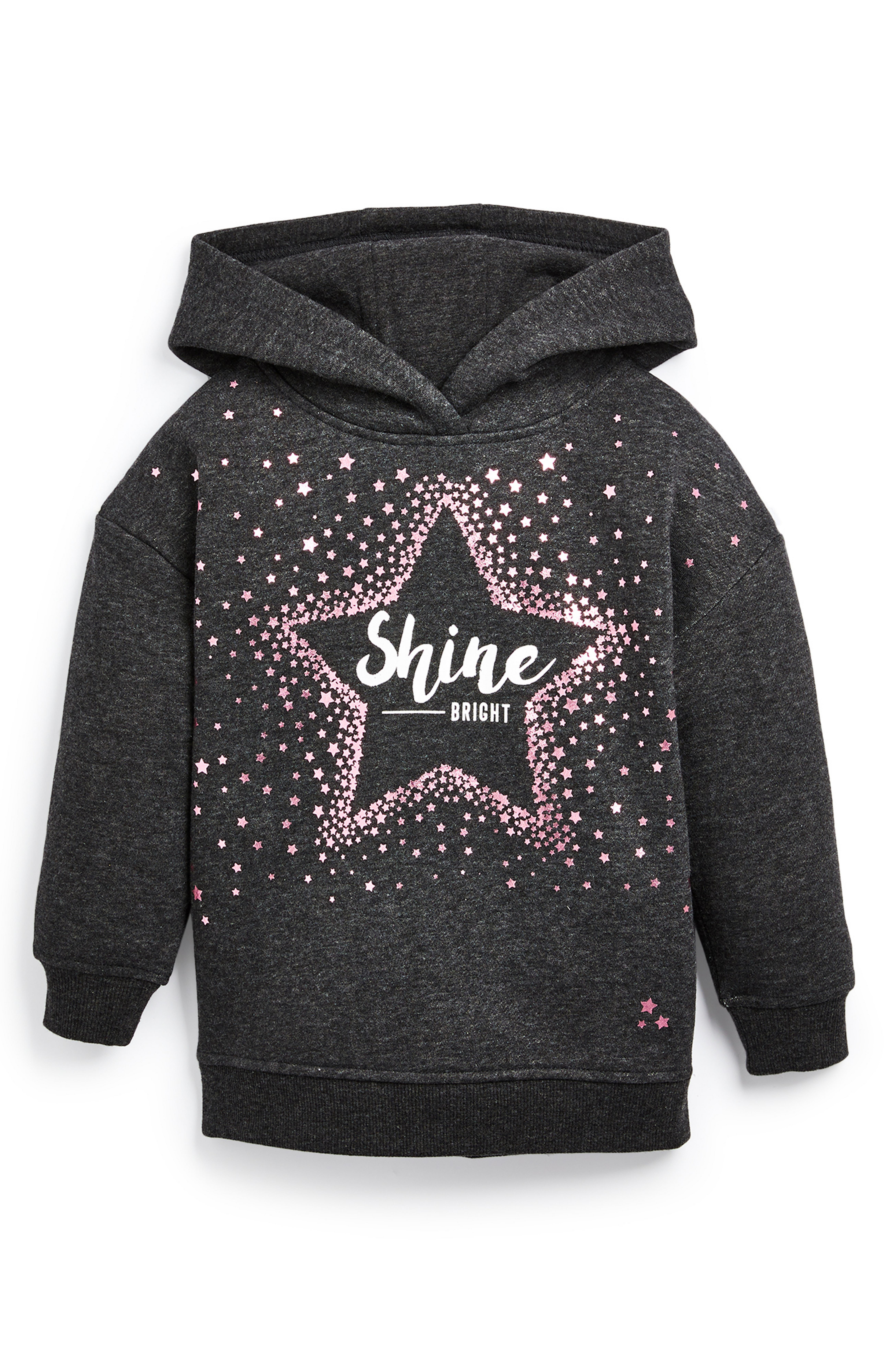 Felpa nera con cappuccio e stampa Shine con stelle da bambina