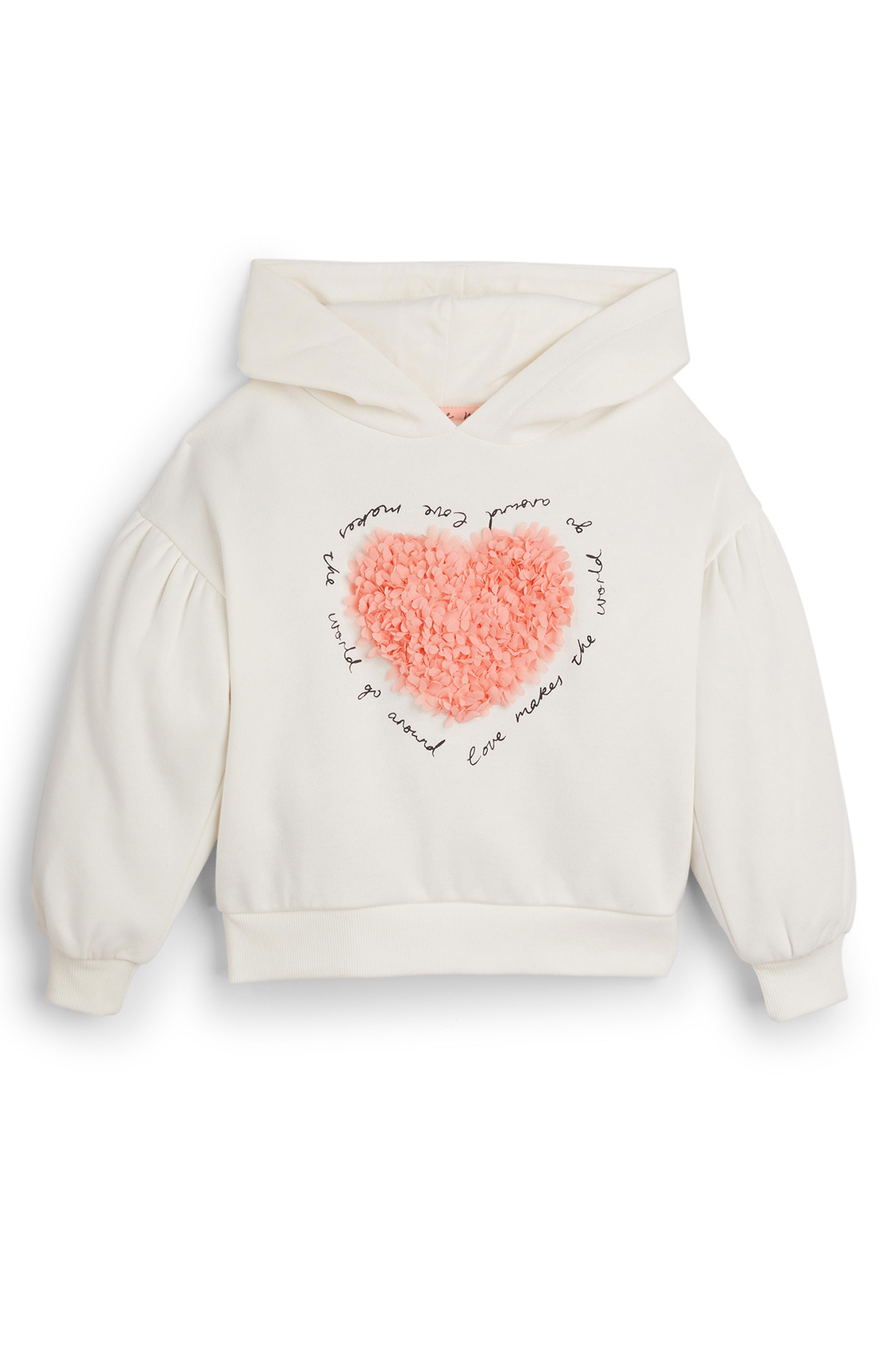 Sudadera blanca de manga abullonada con capucha y corazón para niña