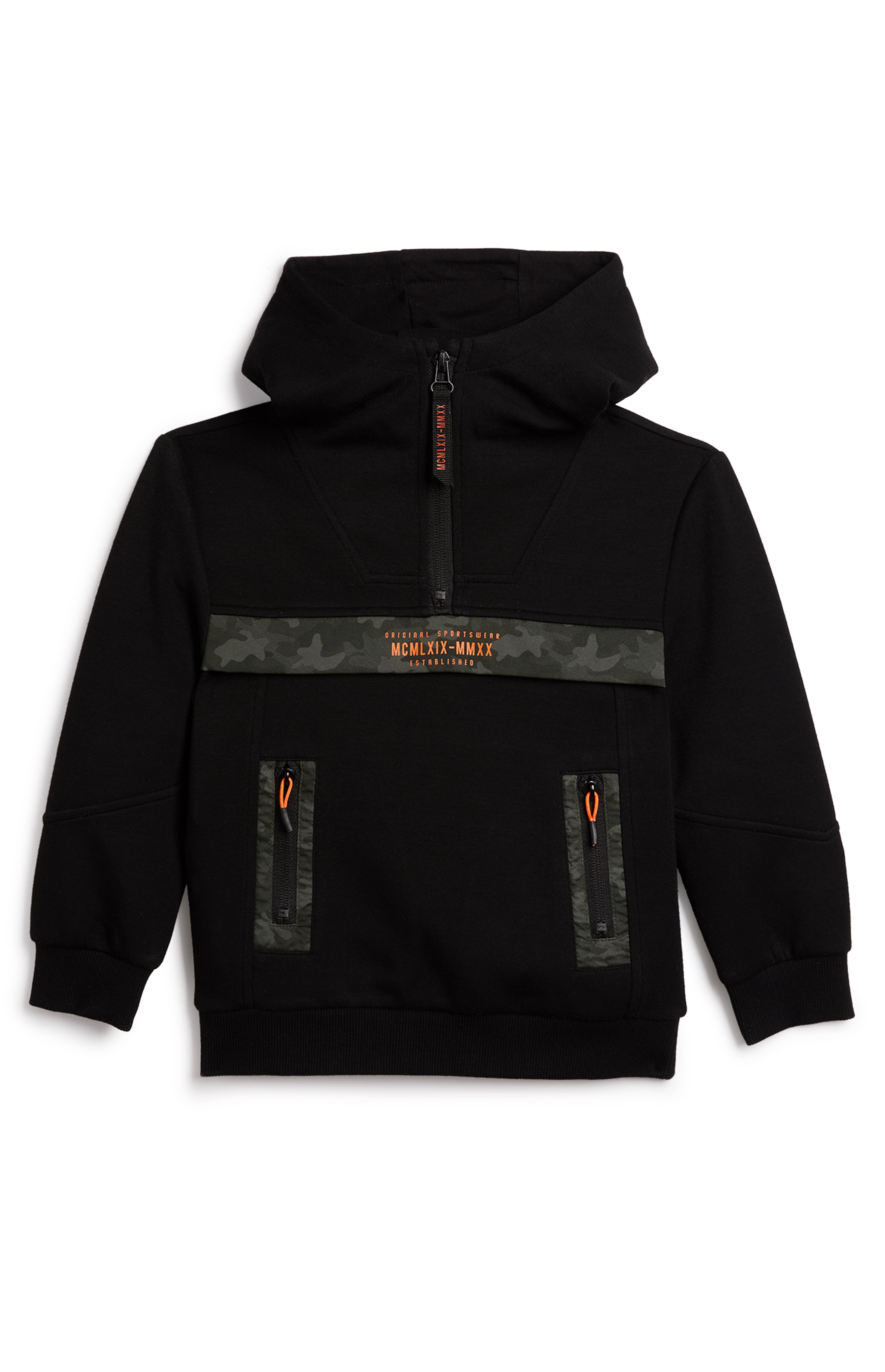 Zwarte hoodie met geweven inzetstukken en halve rits voor jongens