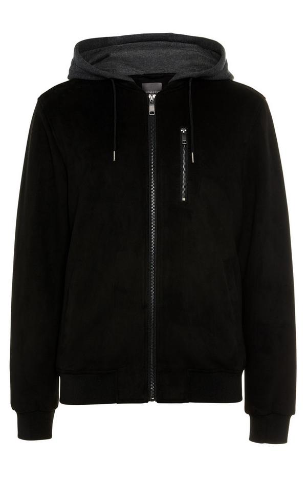 Black Jersey Hood Suede Bomber Jacket | Men's Coats & Jackets | Men's ...