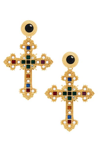Viseči zlati uhani v obliki križca z raznobarvnimi kamni