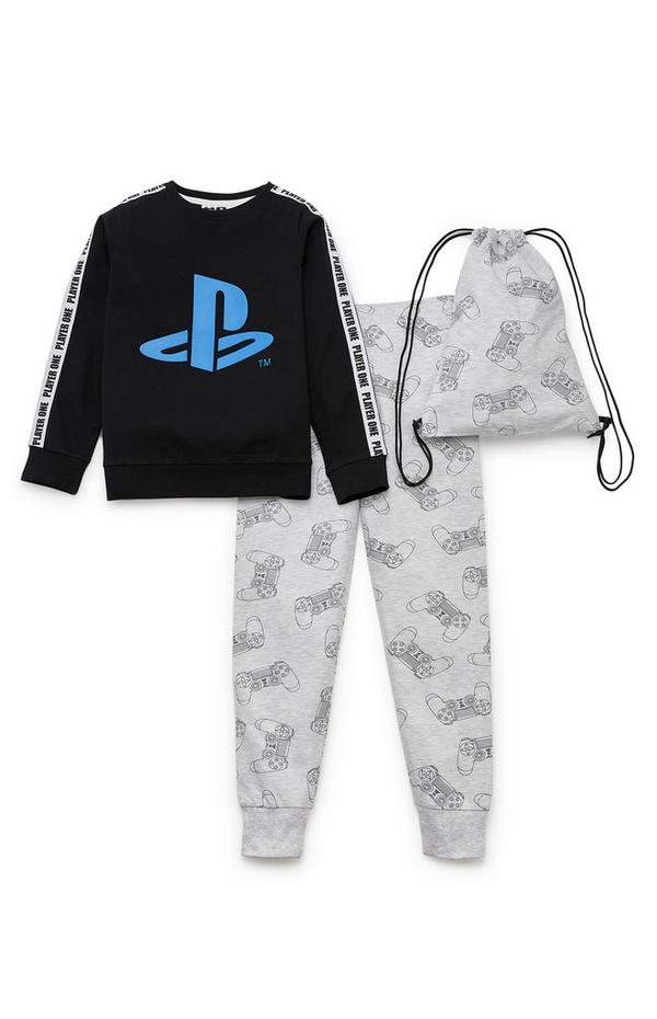 Grau-schwarzer „Playstation“ Pyjama mit Kordelzugbeutel (Teeny Boys)