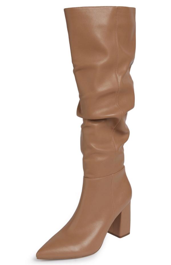 Camel Knee High Pointed Toe Slouchy Boots