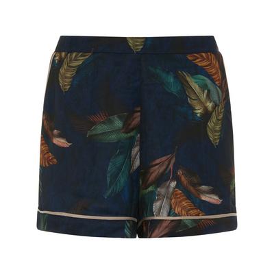 Marineblaue Satin-Shorts mit Farn-Print
